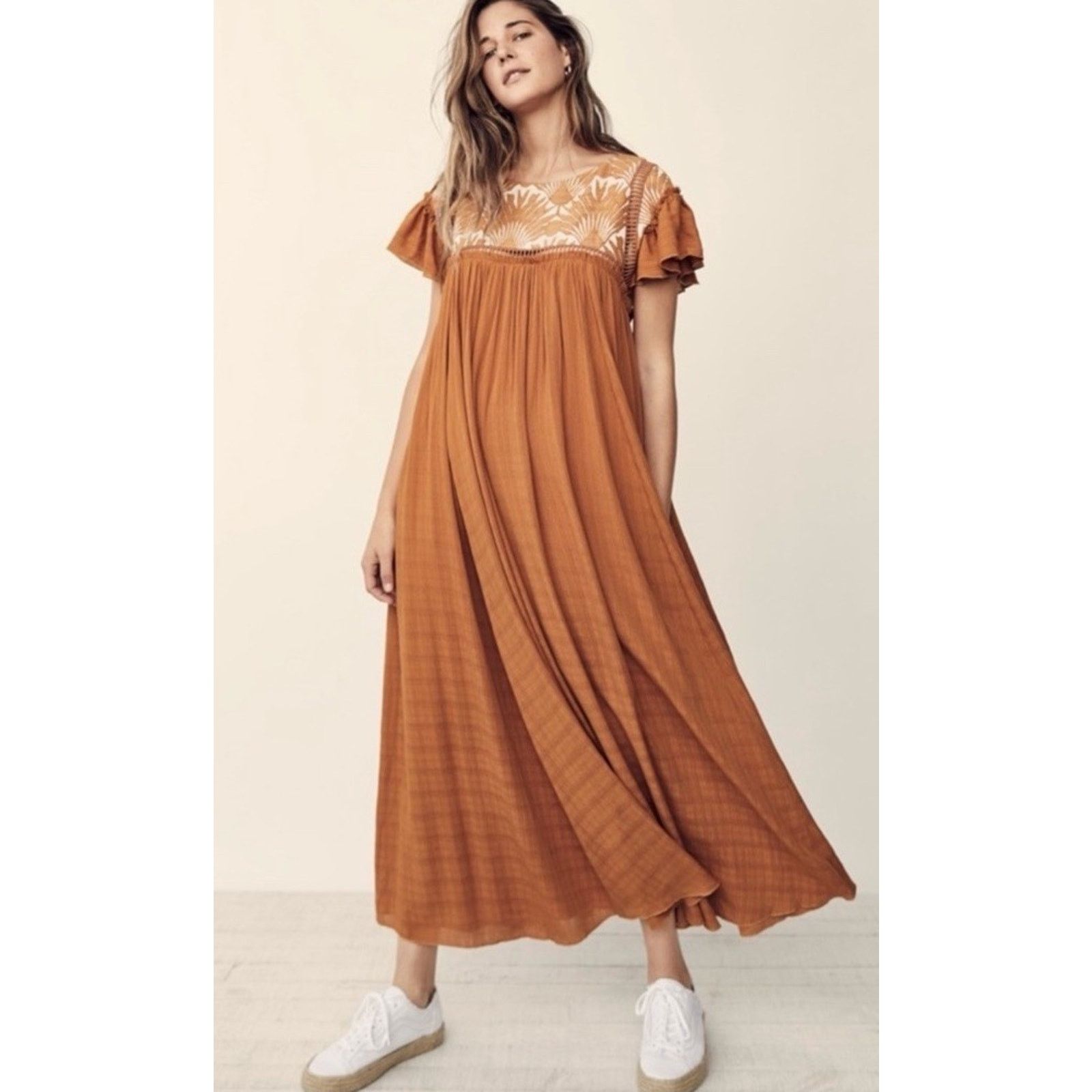 Free People FREE PEOPLE Vintage Charm Embroidered Ruffled Midi Dress XS Size XS / US 0-2 / IT 36-38 - 2 Thumbnail