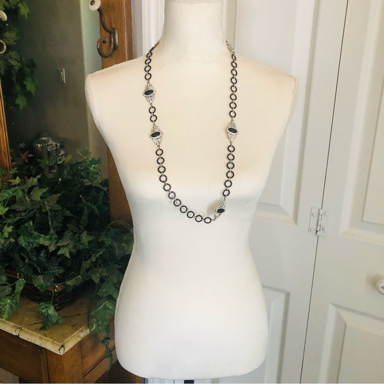 Jewelry Black enamel clear rhinestone medallion accent necklace Size ONE SIZE - 2 Thumbnail