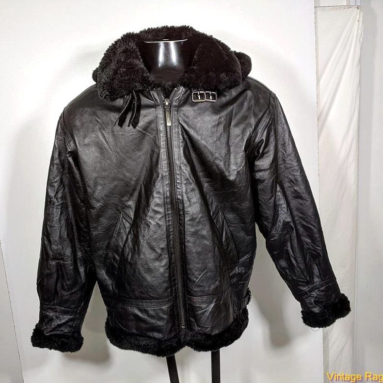 image of Vintage Sergio Benini Leather Bomber Jacket Mens Size M Black Pile Acrylic Hooded in White