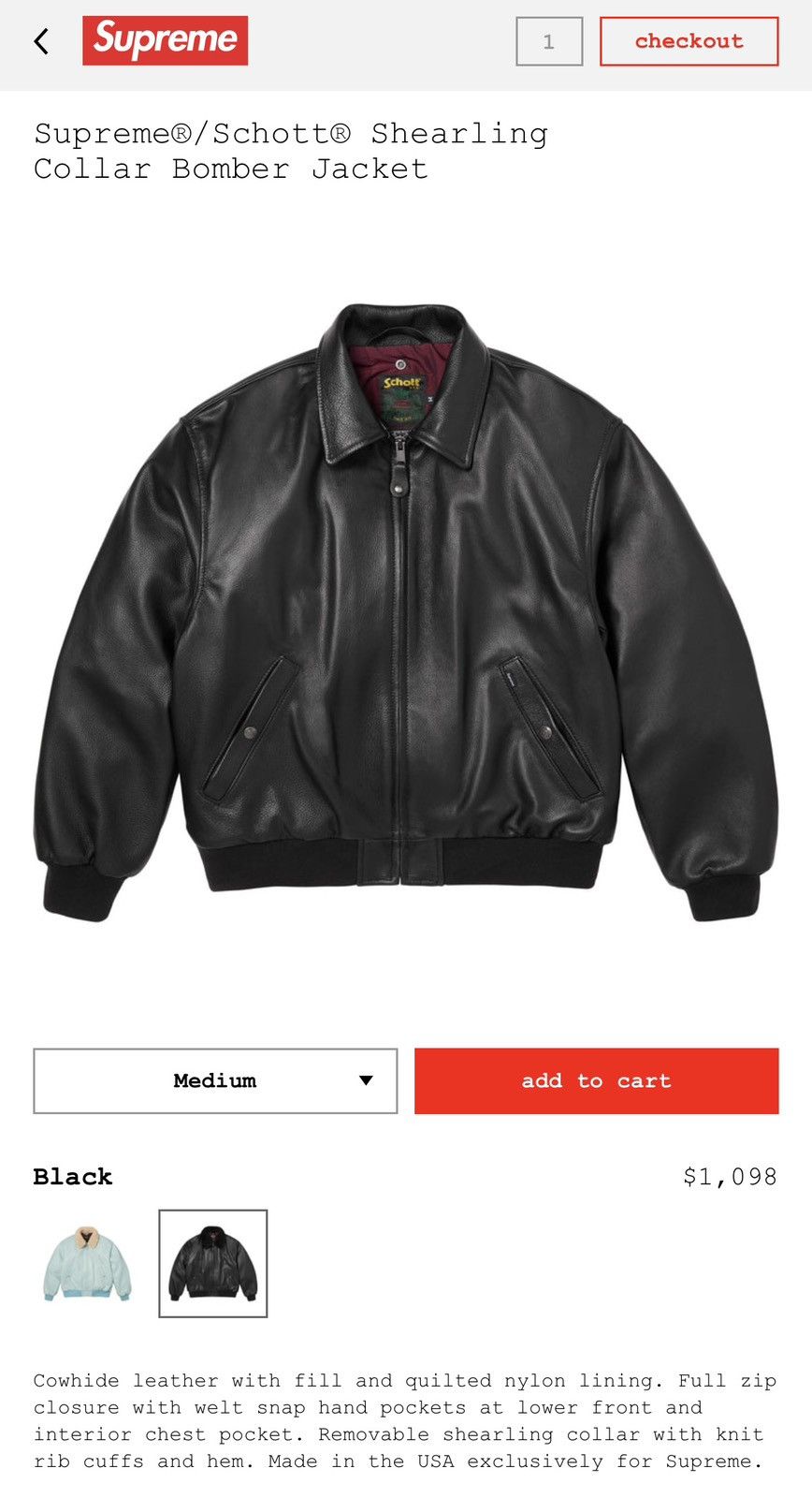 Schott × Supreme Supreme®/Schott® Shearling Collar Bomber Jacket Size US M / EU 48-50 / 2 - 4 Thumbnail