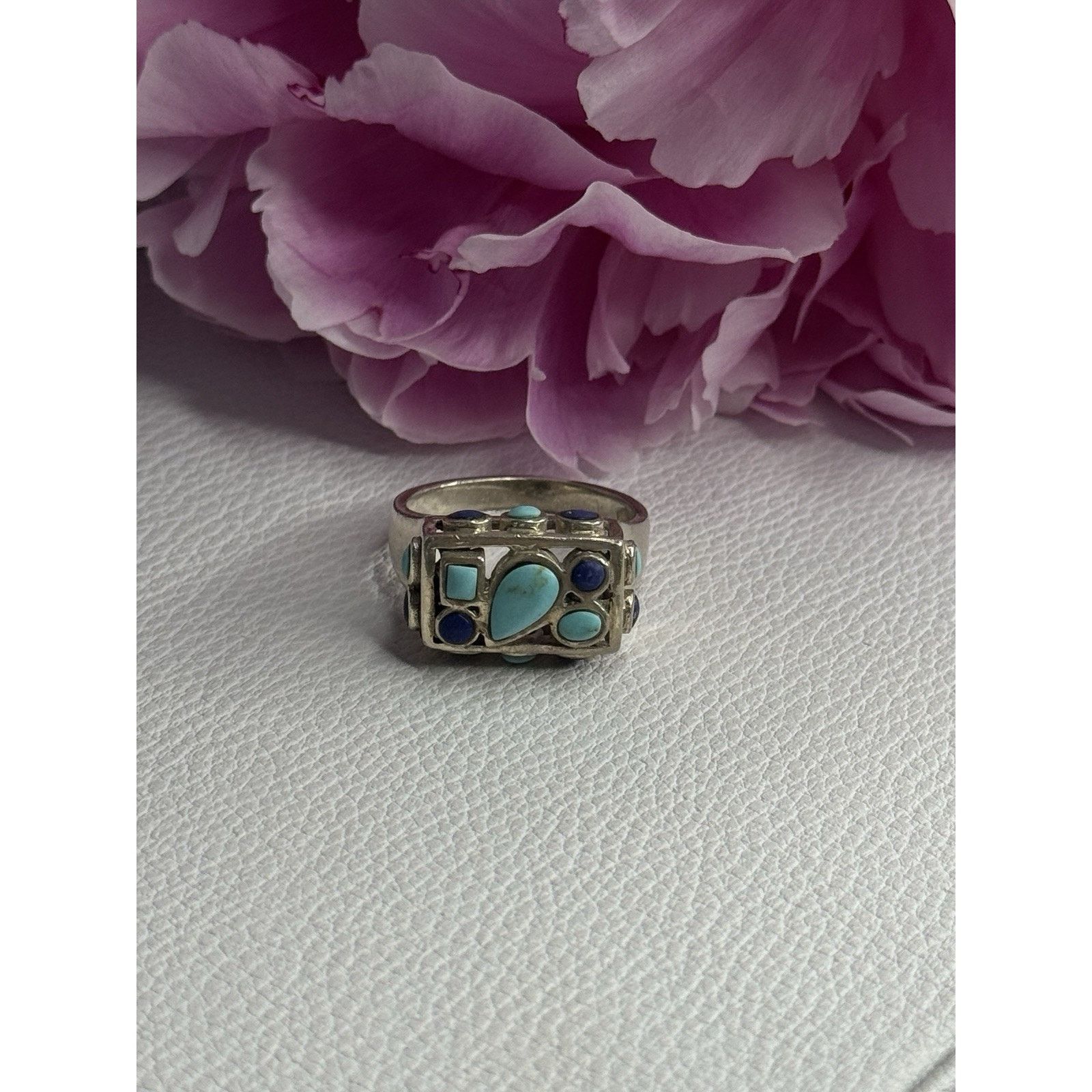 Jewelry 925 STERLING SILVER TURQUOISE & SODALITE RING SIZE 7.5 Size ONE SIZE - 4 Thumbnail