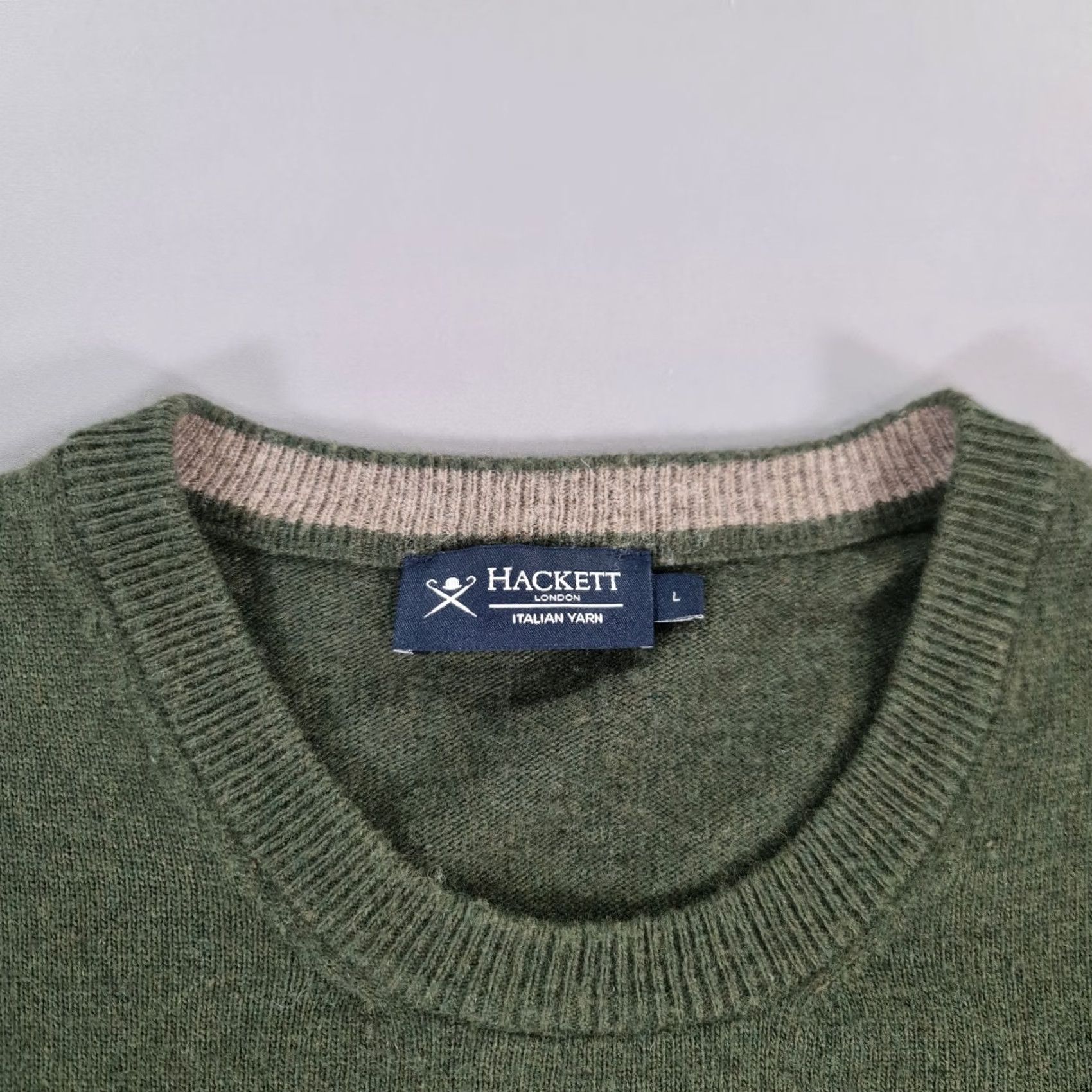 Hackett Hackett Mens Jumper Green Large Merino Wool Knit Crew Neck Long Sleeve Suede Elbow Patches Casual Pullover Vintage: No Pattern Size US L / EU 52-54 / 3 - 3 Thumbnail