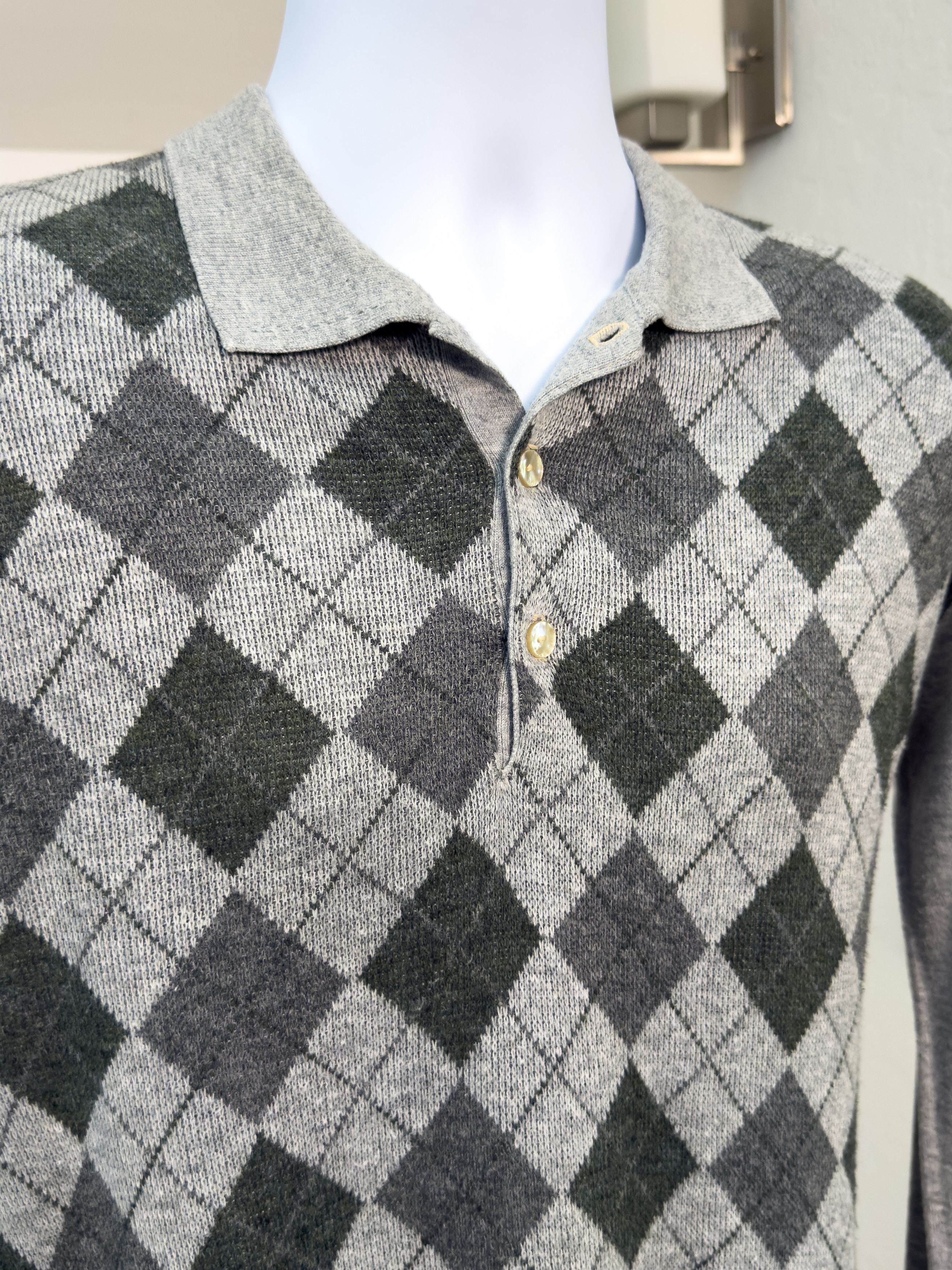 Other Vintage Argyle Knit Polo Sweater Gray Green Button Collar Size US M / EU 48-50 / 2 - 2 Thumbnail