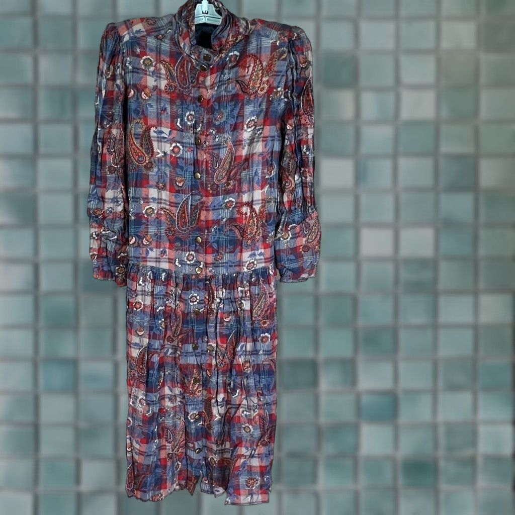 Vintage VINTAGE Cotton Collection Dress Women S Blue Red Paisley Print Midi 1980s Collared Drop Waist Button Long Sleeve Adult Small Clothing Mens/ Womens Size S / US 4 / IT 40 - 1 Thumbnail
