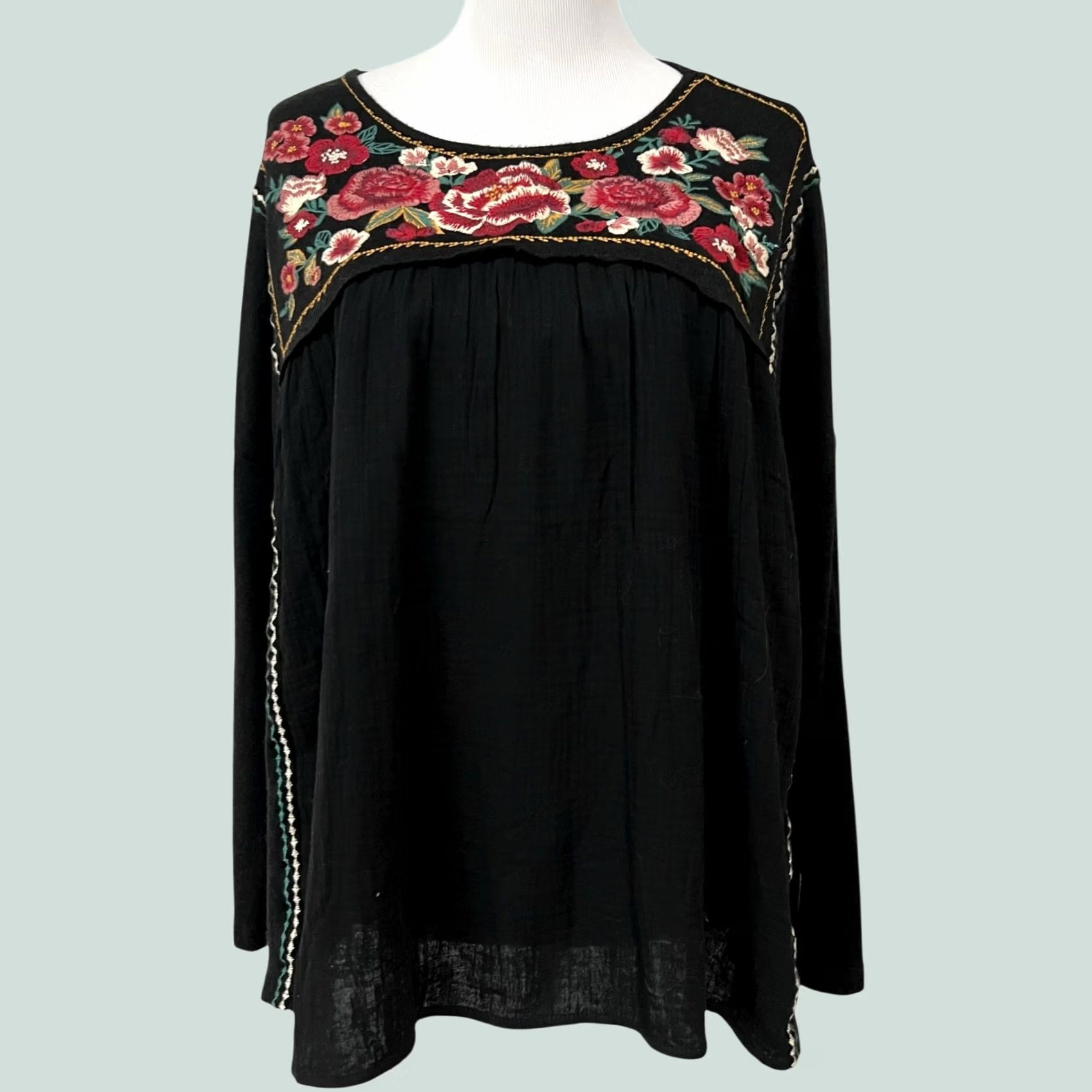 Vintage Savanna Jane Blouse Sz L Black Long Sleeve Floral Embroidered Bohemian Size L / US 10 / IT 46 - 1 Thumbnail