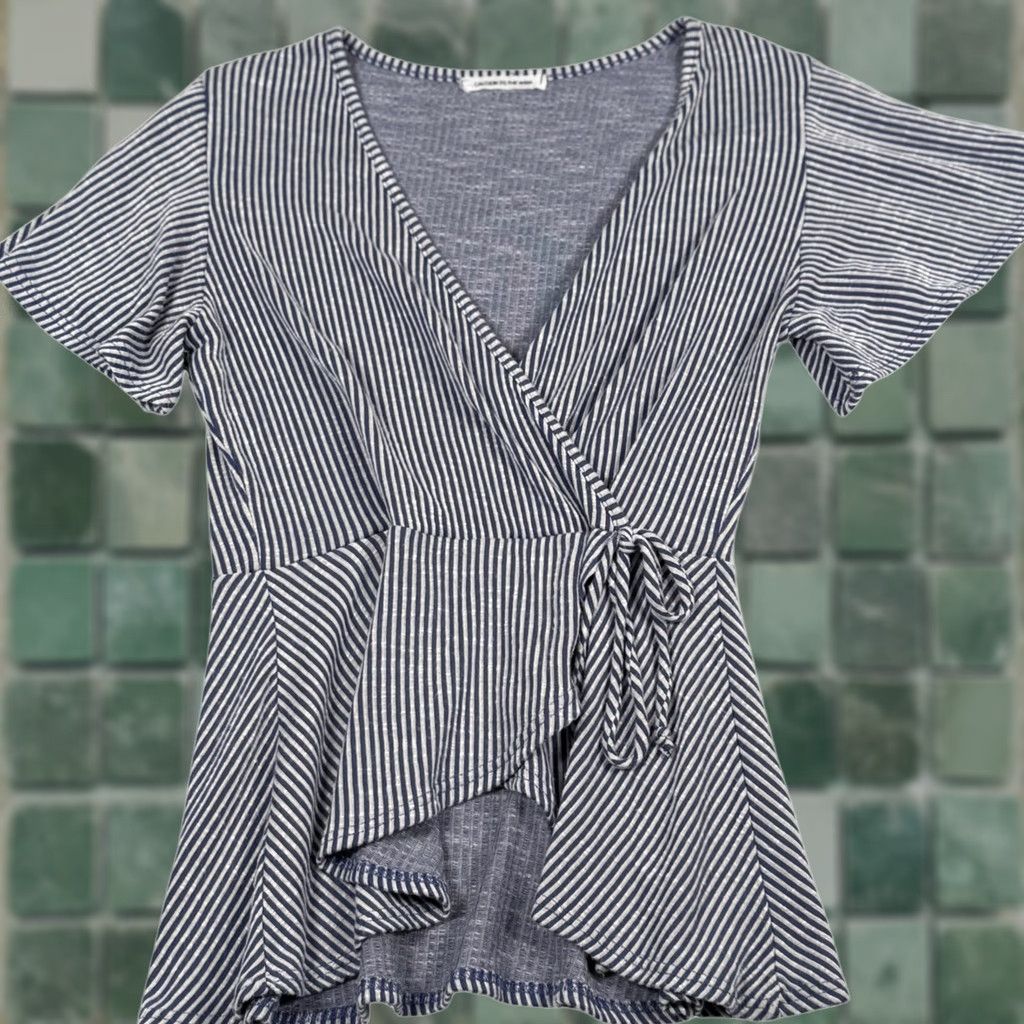 Vintage Caution To The Wind Blouse Womens Size S Blue Striped Peplum V Neck Flutter Sleeve Short Sleeve Womens Size S / US 4 / IT 40 - 1 Thumbnail