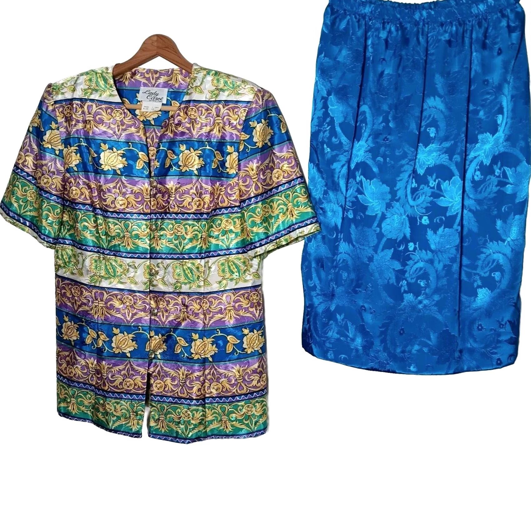 Vintage VINTAGE Lady Carol Of New York Skirt Shirt Set 10 Blue Gold Button Floral Shimm Size L / US 10 / IT 46 - 2 Thumbnail