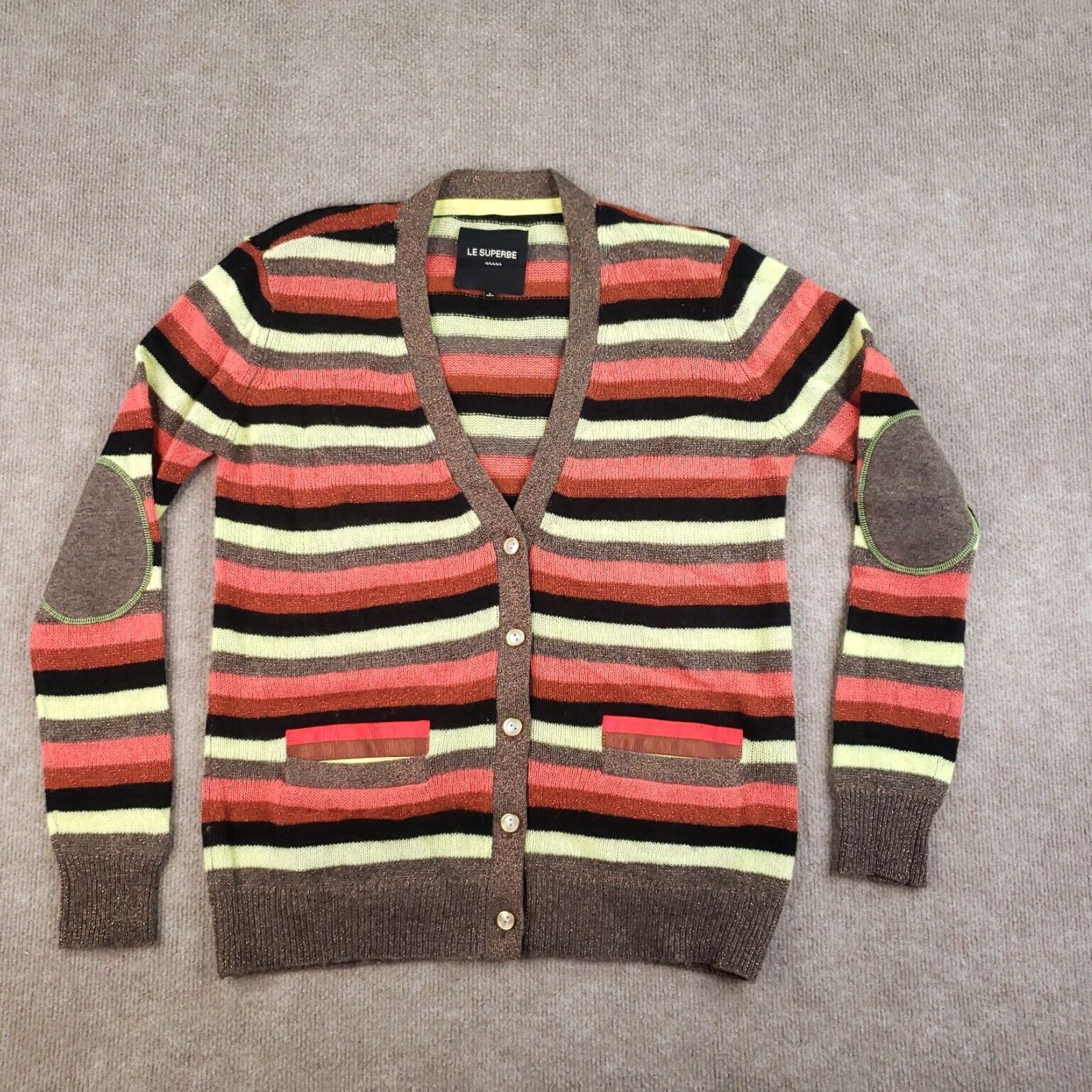 Le Superbe Le Superbe Womens Yellow Striped Cardigan Sweater Small Lightweight Size S / US 4 / IT 40 - 1 Thumbnail
