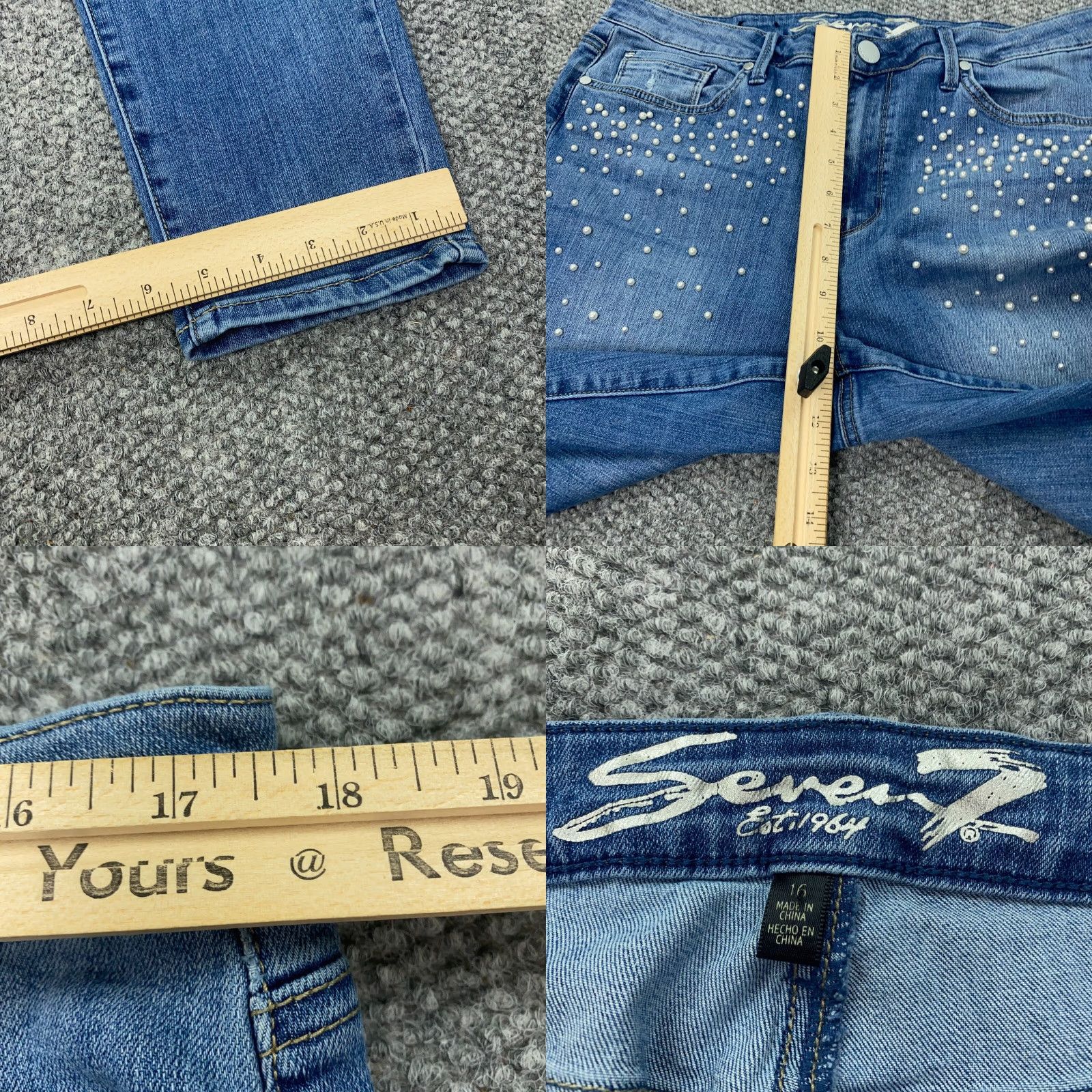 Vintage Seven7 Jeans Size 16 Blue Faded Distressed Beaded Mid-Rise Skinny Stretch Womens Size 35" - 8 Thumbnail