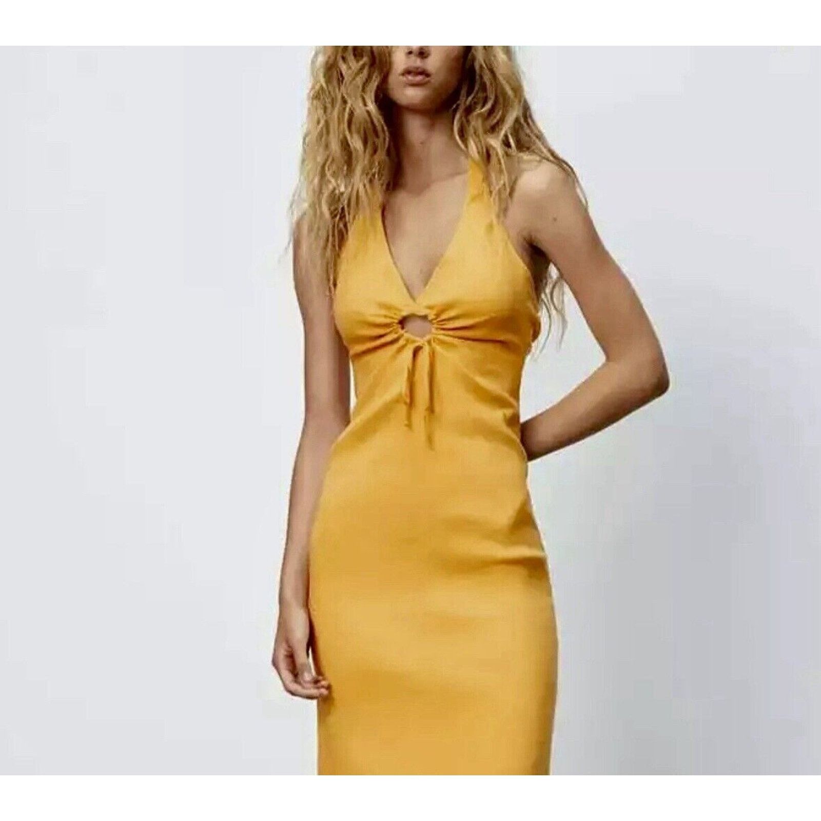 Zara Zara Yellow Halter V-Neck Dress O-Ring Cutout Open Back S Size S / US 4 / IT 40 - 4 Thumbnail