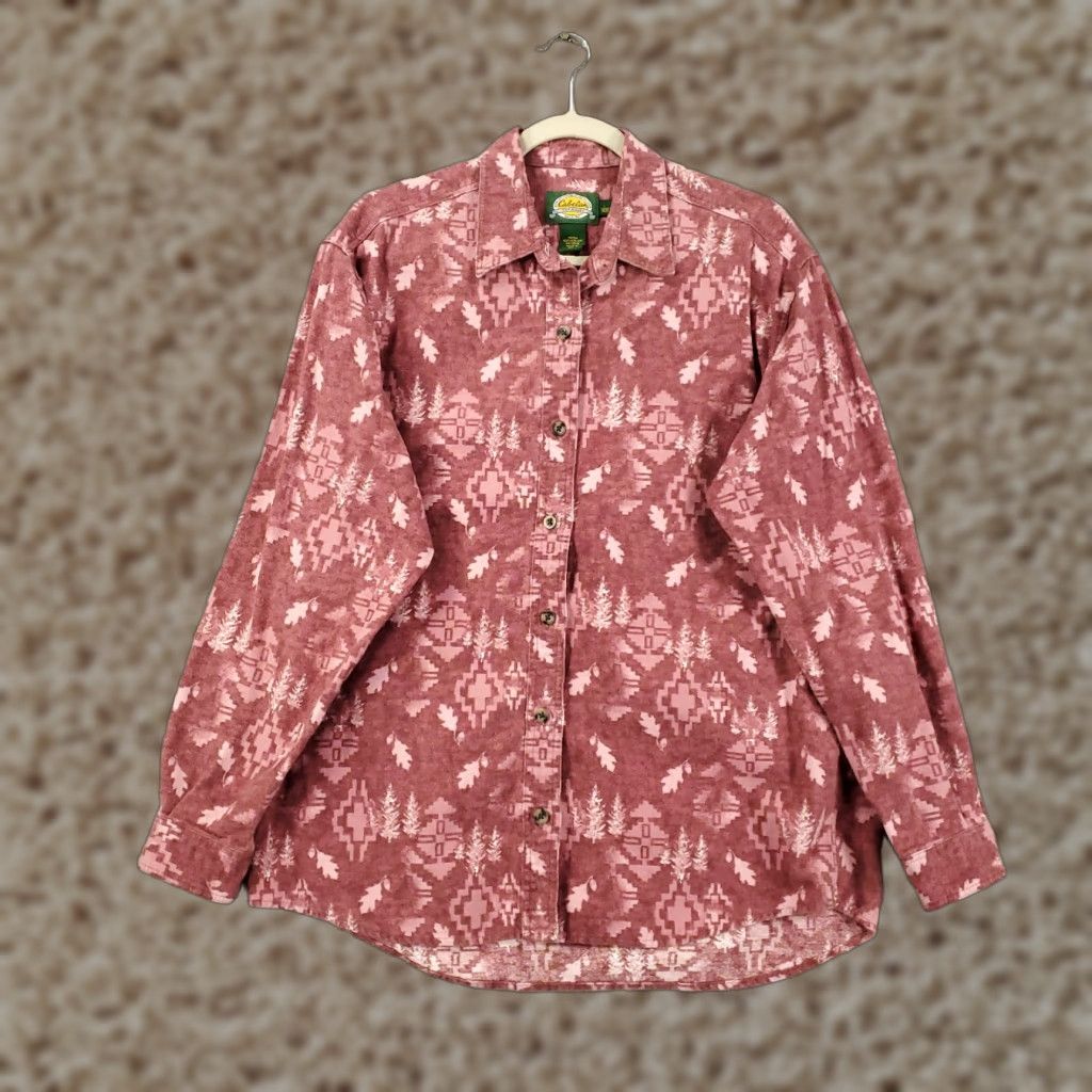Vintage Cabela's Chamois Shirt Womens L Pink Red Geometric Southwestern Button-Up Shirt Manuf 100% Cotton Flannel Geometric Aztec Western Southwest Tunic Size L / US 10 / IT 46 - 1 Thumbnail