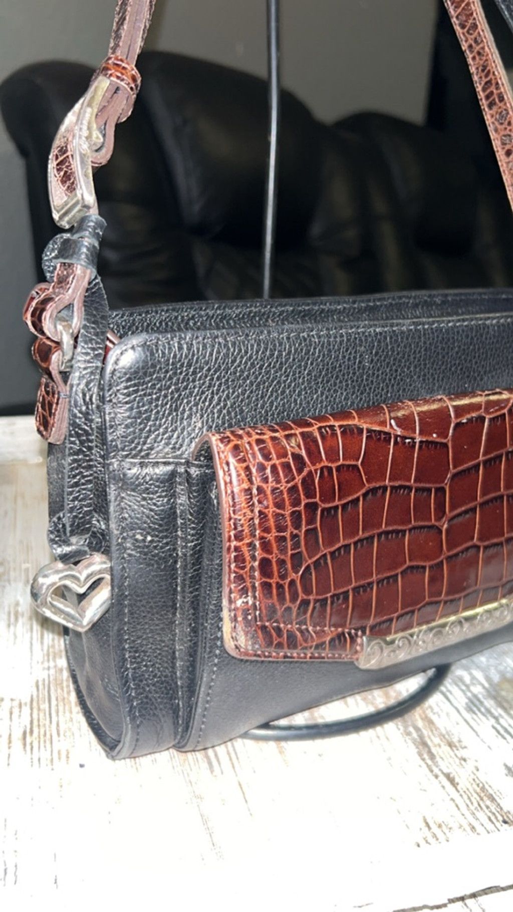 Brighton Women's Brighton Black Brown Croc Embossed Crossbody Bag One Size ONE SIZE - 3 Thumbnail