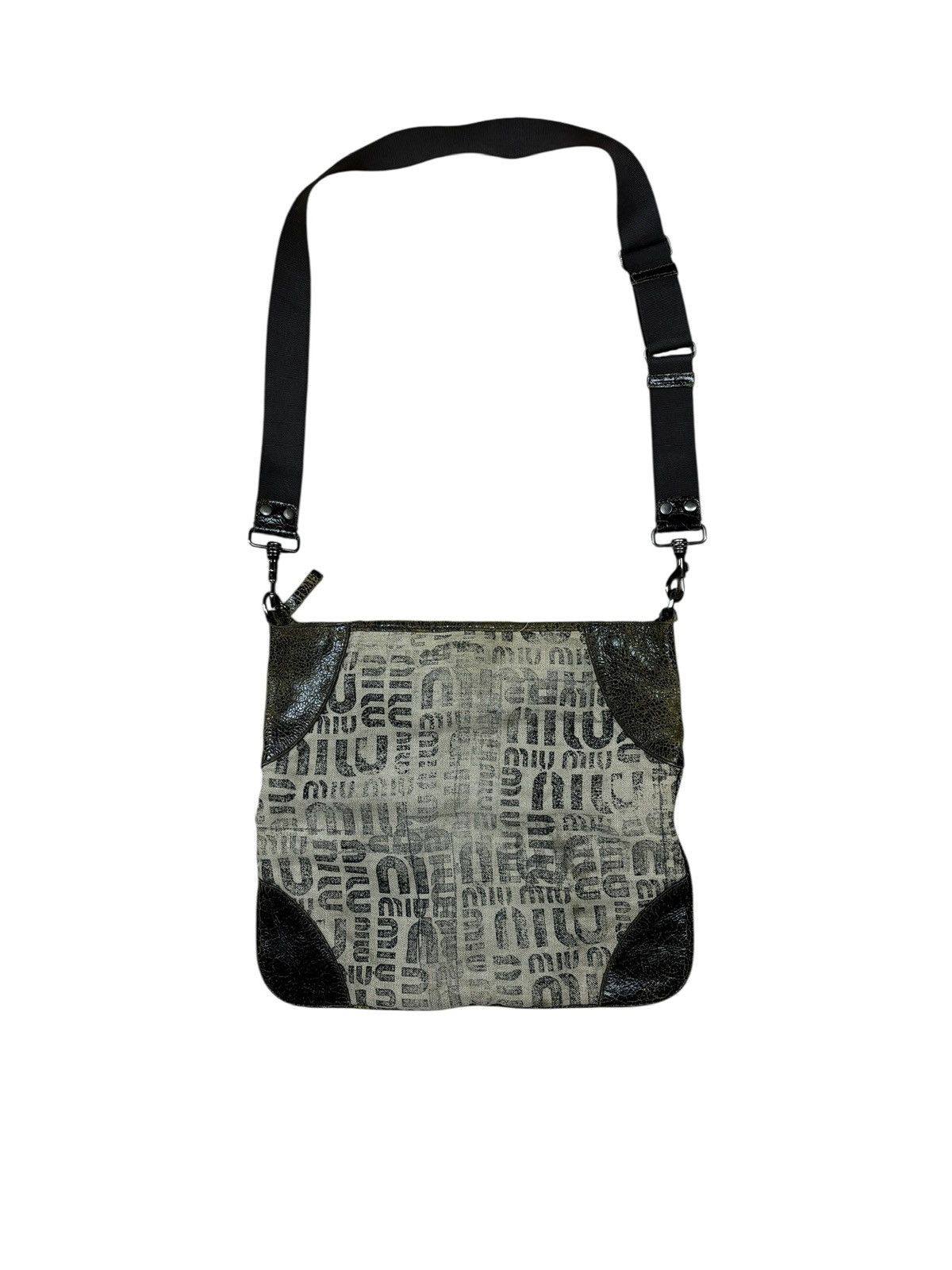 Miu Miu Miu Miu Logo Canvas & Crackled Leather Shoulder Bag Size ONE SIZE - 2 Thumbnail