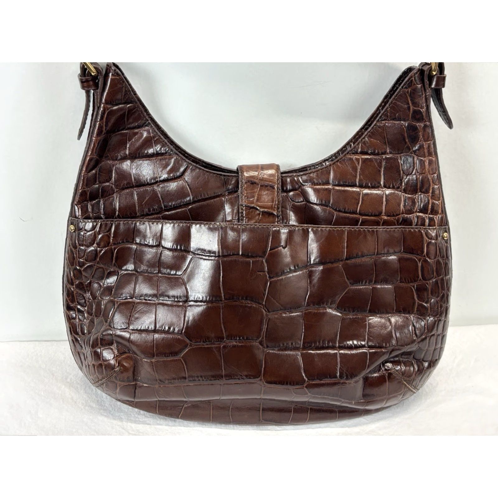 Ralph Lauren Lauren Ralph Lauren Croc Embossed Leather Hobo Purse Brown Shoulder Bag Women Medium Croc Brown Leather Gold Hardware 90s Designer Old Money Size ONE SIZE - 4 Thumbnail