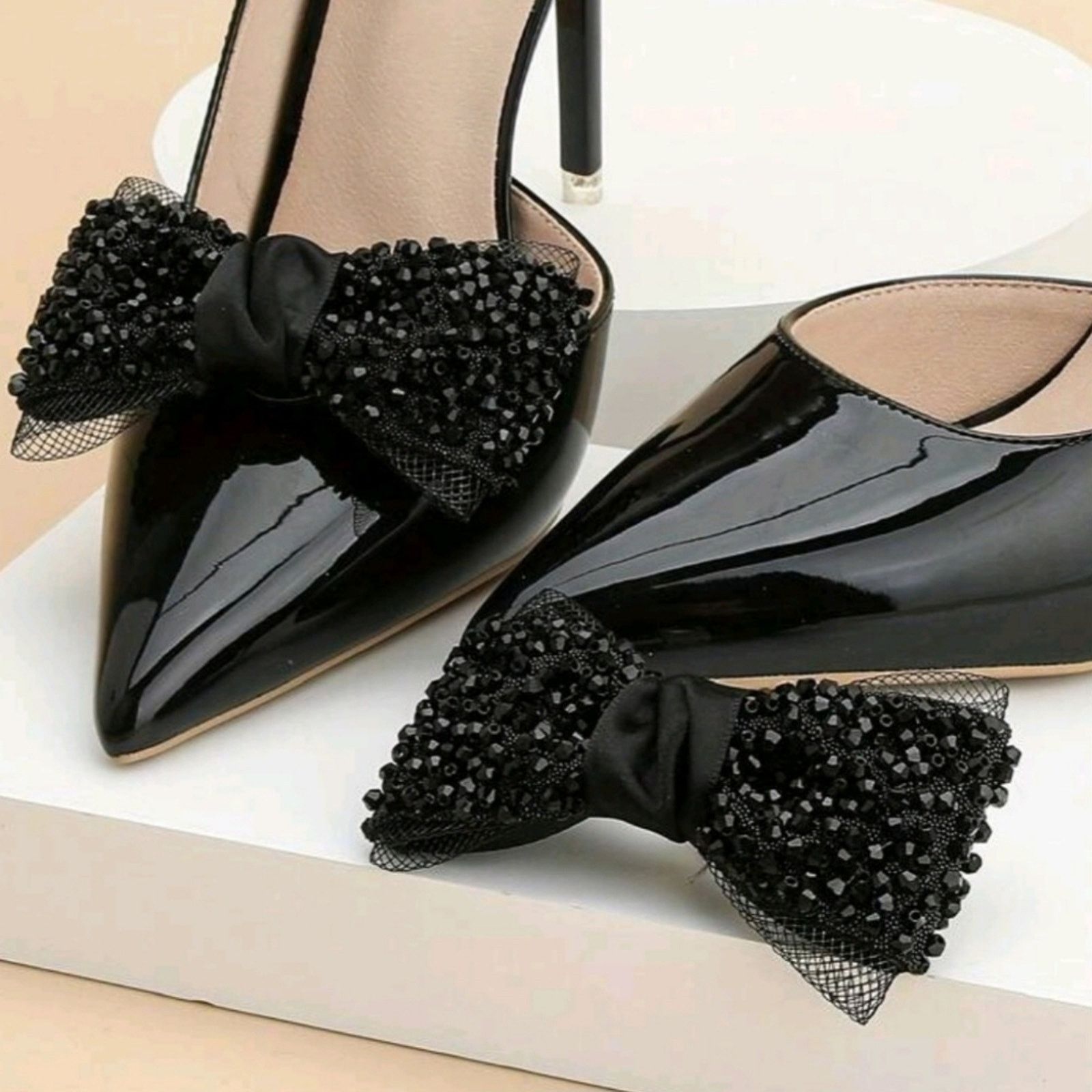 Other MIDNITE BLACK ● JET BEADS ● TULLE BOW ● SHOE CLIPS ● NWOT Size US 4 / IT 34 - 2 Thumbnail