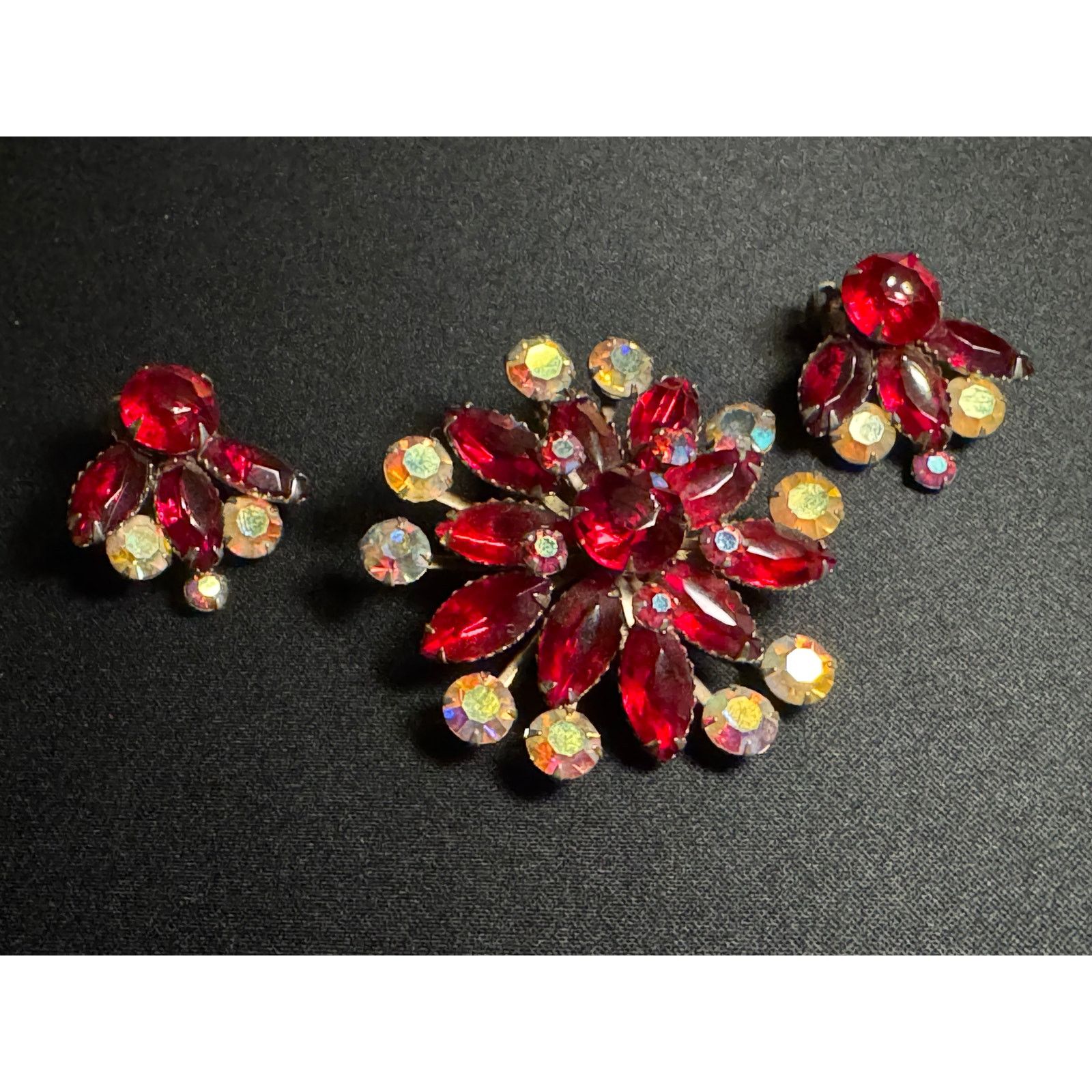 Other Vintage Red & AB Rhinestone Brooch Matching Clip On Earrings Size ONE SIZE - 2 Thumbnail