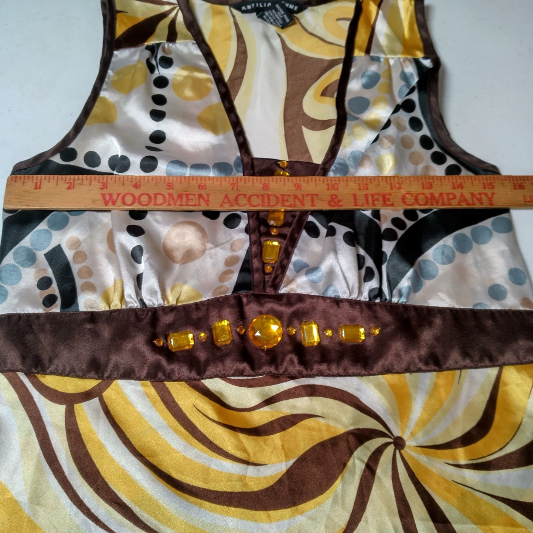 Vintage VINTAGE Antilia Femme Shirt Tank Sleeveless Satin Bling Yellow Brown Tie V-Neck M Women's Blouse Size M / US 6-8 / IT 42-44 - 3 Thumbnail