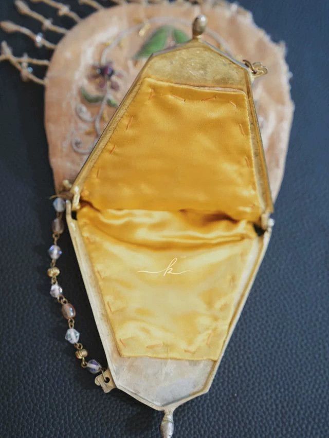 Vintage Vintage Art Nouveau Yellow Silk Embroidered Gem Frame Handbag Size ONE SIZE - 8 Thumbnail