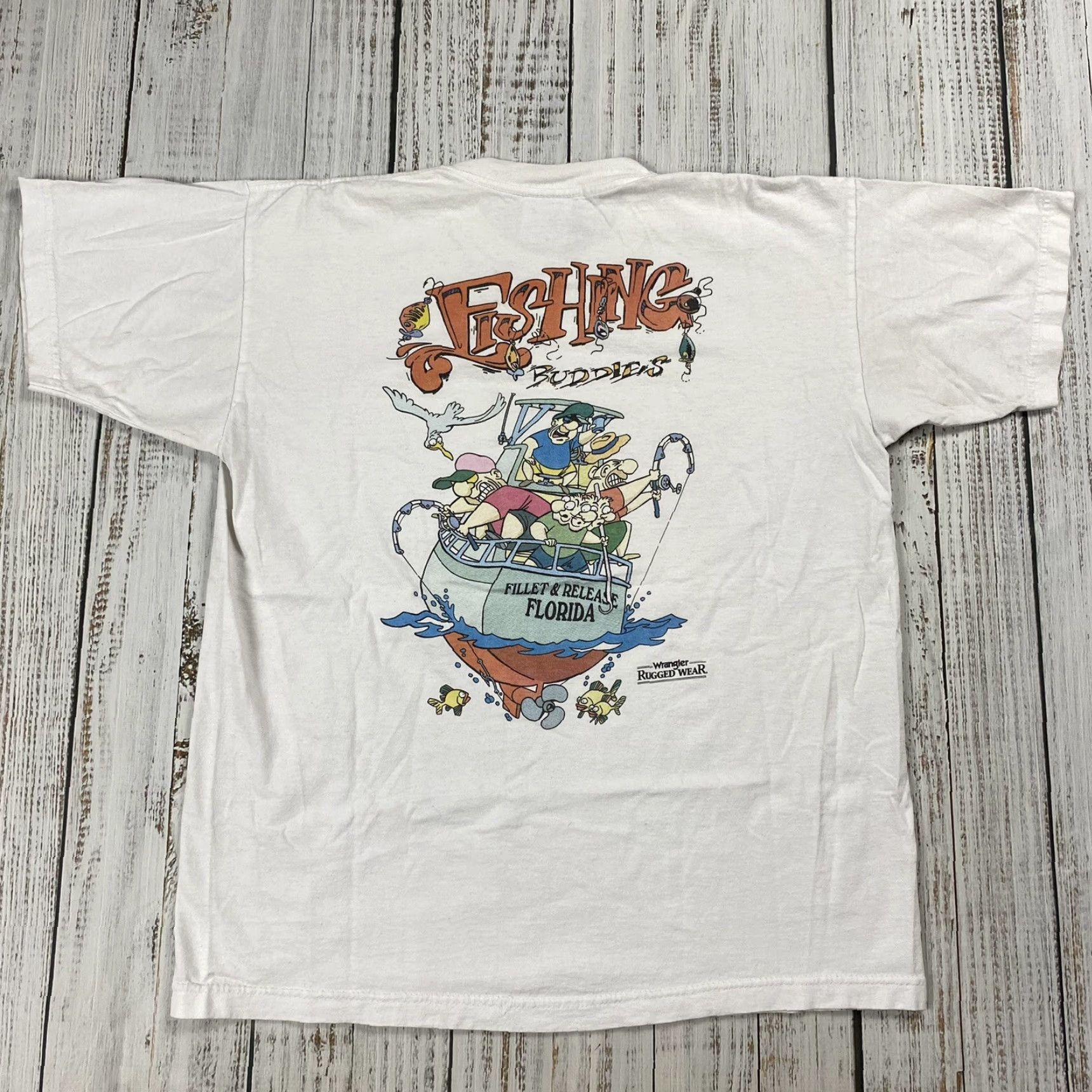 Wrangler VINTAGE WRANGLER 90s FISHING GRAPHIC T-SHIRT MEN'S L WHITE Size US L / EU 52-54 / 3 - 5 Thumbnail