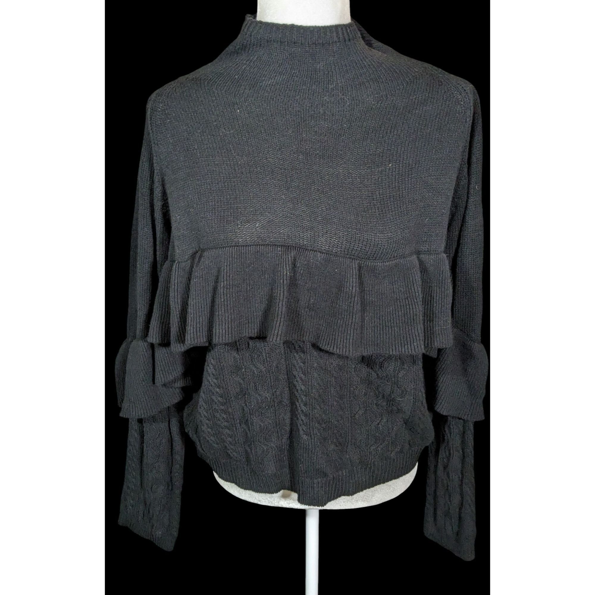 Other Project Naadam Mock Neck Black Ruffle Accent Cable Knit Swea Size S / US 4 / IT 40 - 1 Thumbnail