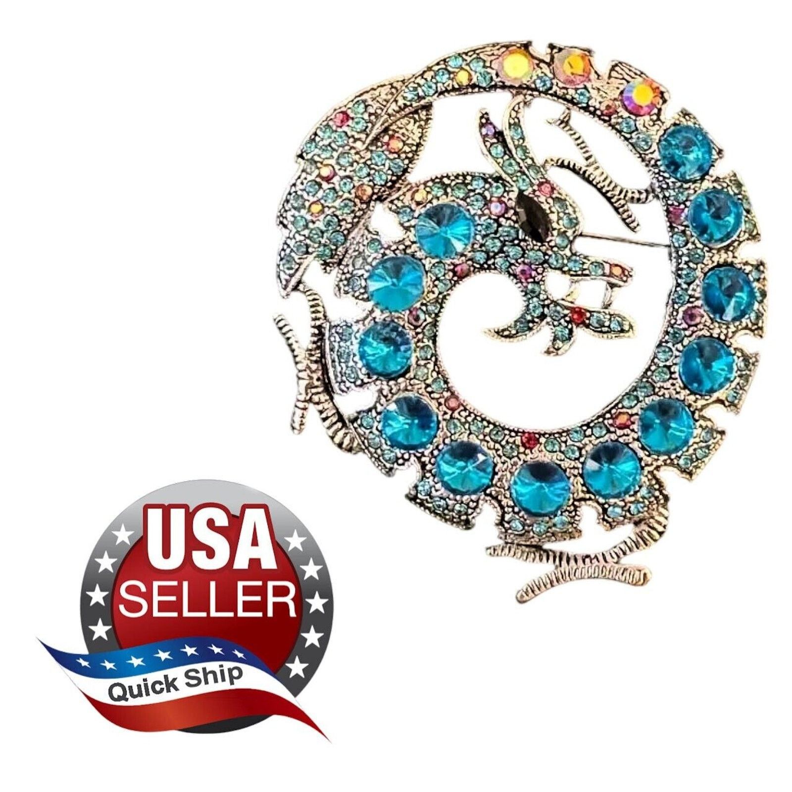 Other Blue Circle Dragon Brooch Pendant •Inverted Rhinestones • AB Size ONE SIZE - 1 Thumbnail