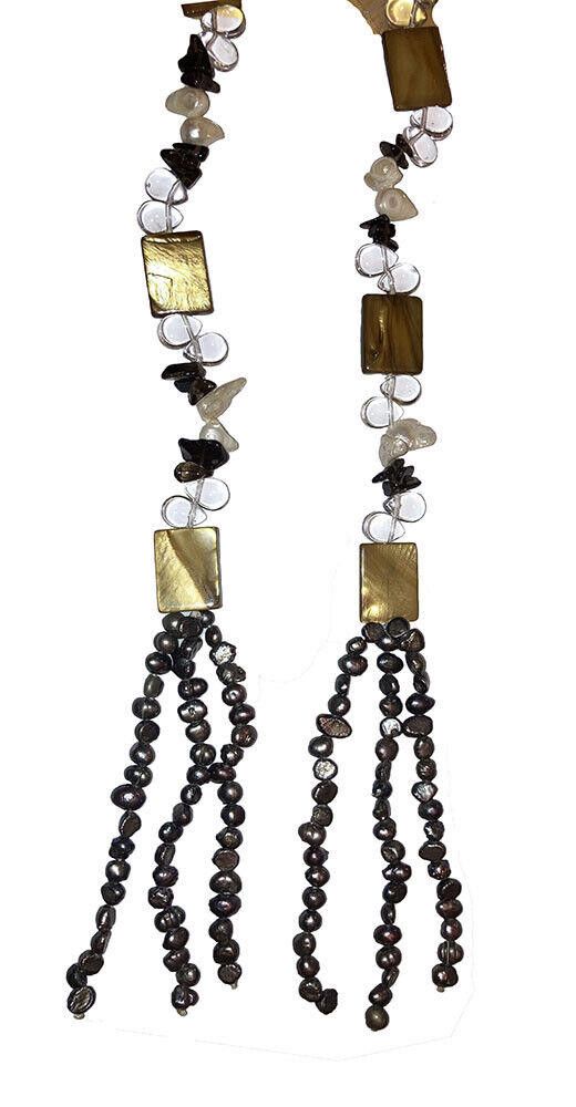 Designer Smoky Quartz Pearl Shell Flapper Tassel Necklace Size ONE SIZE - 4 Thumbnail