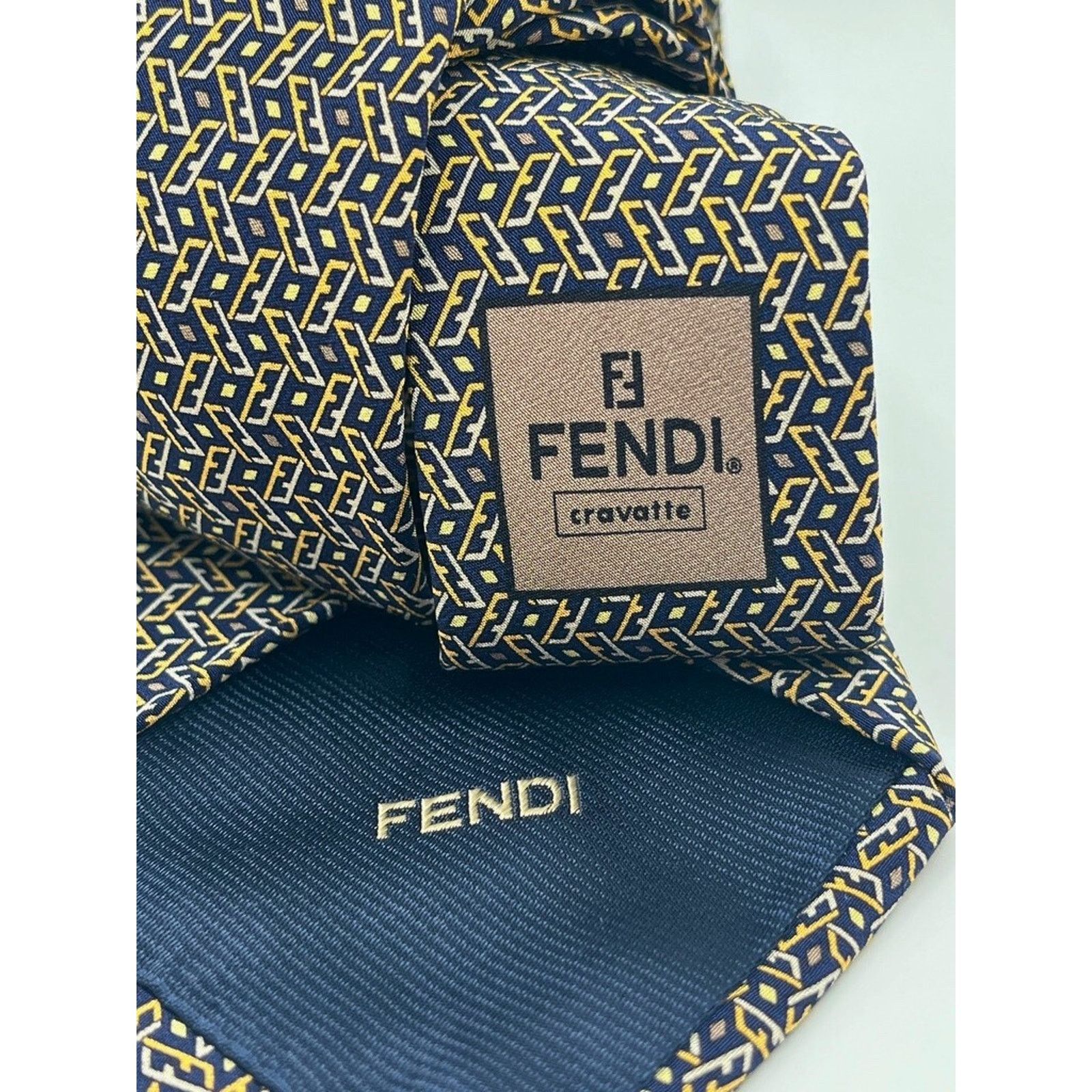 Fendi Fendi Cravatte Vintage Silk Tie Navy Gold All Over FF Logo Size ONE SIZE - 8 Thumbnail