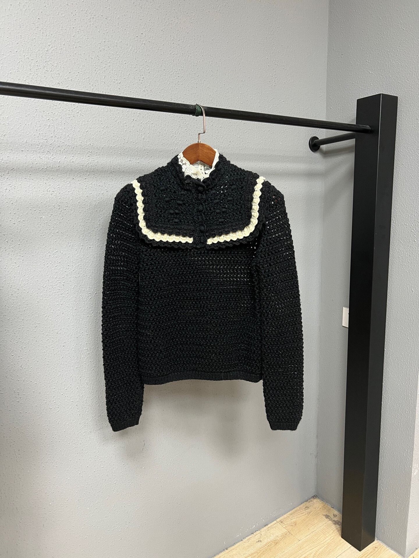Saint Laurent Paris black lace-trimmed knit sweater by saint laurent Size L / US 10 / IT 46 - 1 Thumbnail