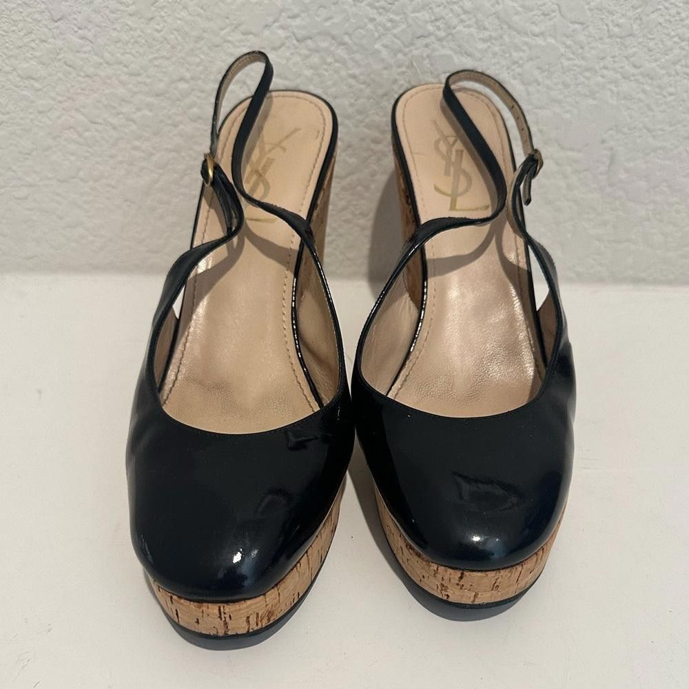 Yves Saint Laurent Yves Saint Laurent Black Patent Slingback Cork Wedge 40 Size US 9 / IT 39 - 2 Thumbnail