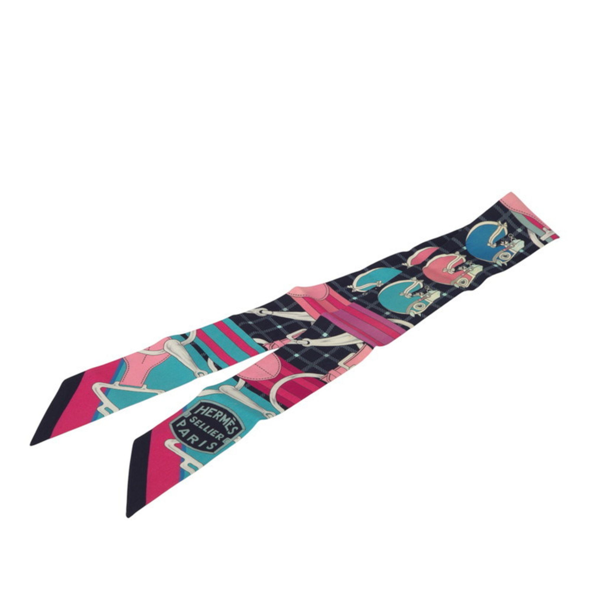 Hermes Hermes Hermès Twilly TATERSALE Tattersall Scarf/Muffler in Navy, Pink, and Multicolor Silk for Women Size ONE SIZE - 1 Thumbnail
