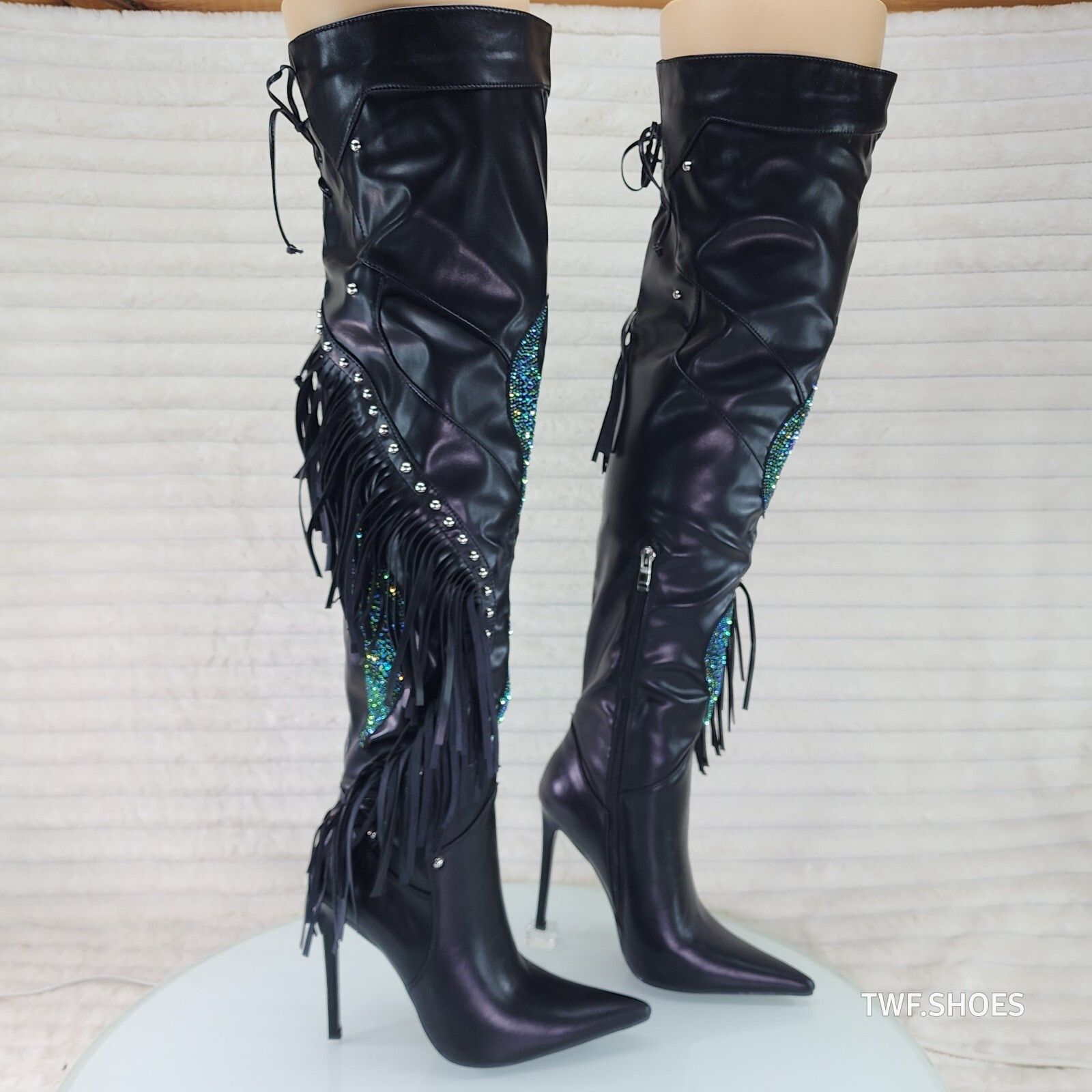 Azalea Wang Frenzy Black Fringe Rhinestone Over The Knee Thigh Boots Aza Size US 7.5 / IT 37.5 - 7 Thumbnail