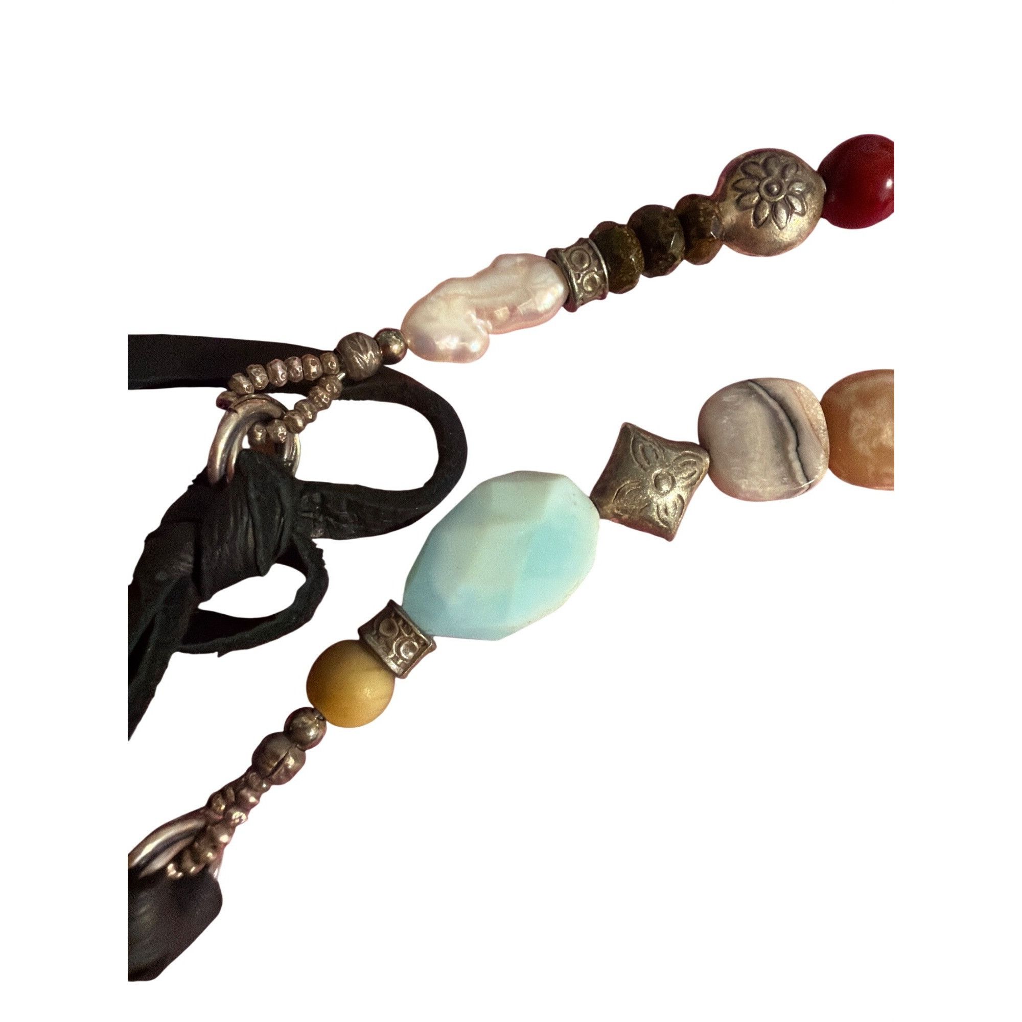 Other Bohemian Beaded Necklace Colorful Stones Black Leather Silve Size ONE SIZE - 4 Thumbnail