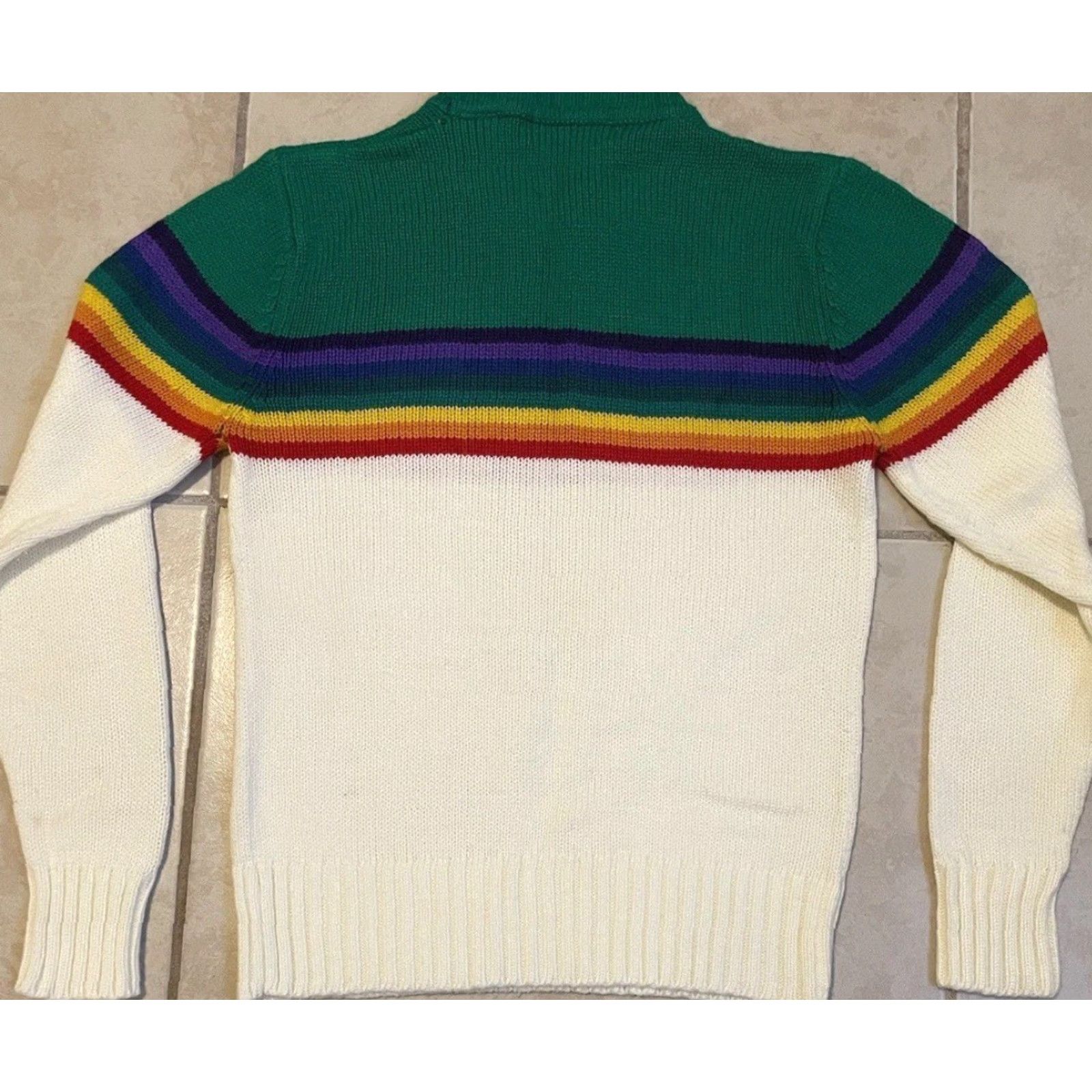 Rainbow VINTAGE Rainbow Striped Knit Sweater M Womens 80s 70s Surf Beach Hang Ten Hawaii OP Green White Ocean Pacific Patterned Pullover Size M / US 6-8 / IT 42-44 - 4 Thumbnail