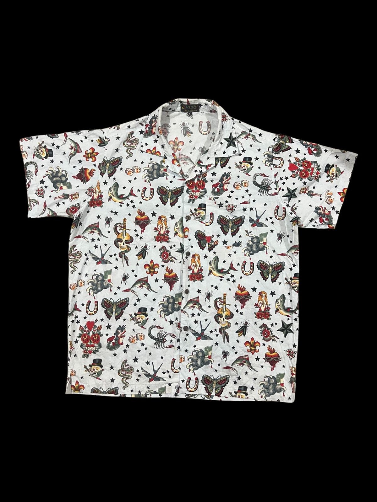 A.F.F.A. Vintage LA ROCKA! Tattoo Print Open Collar SS Button Shirt Size US L / EU 52-54 / 3 - 1 Thumbnail