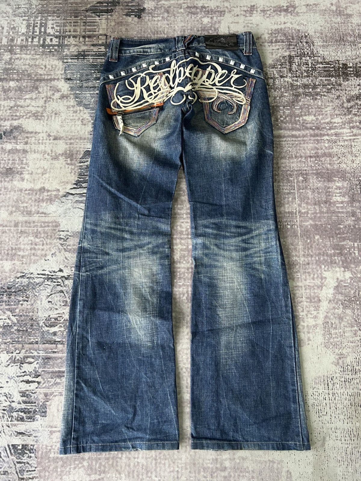 Ed Hardy Y2K Red Pepper Washed Flared Jeans Size 28" / US 6 / IT 42 - 2 Thumbnail