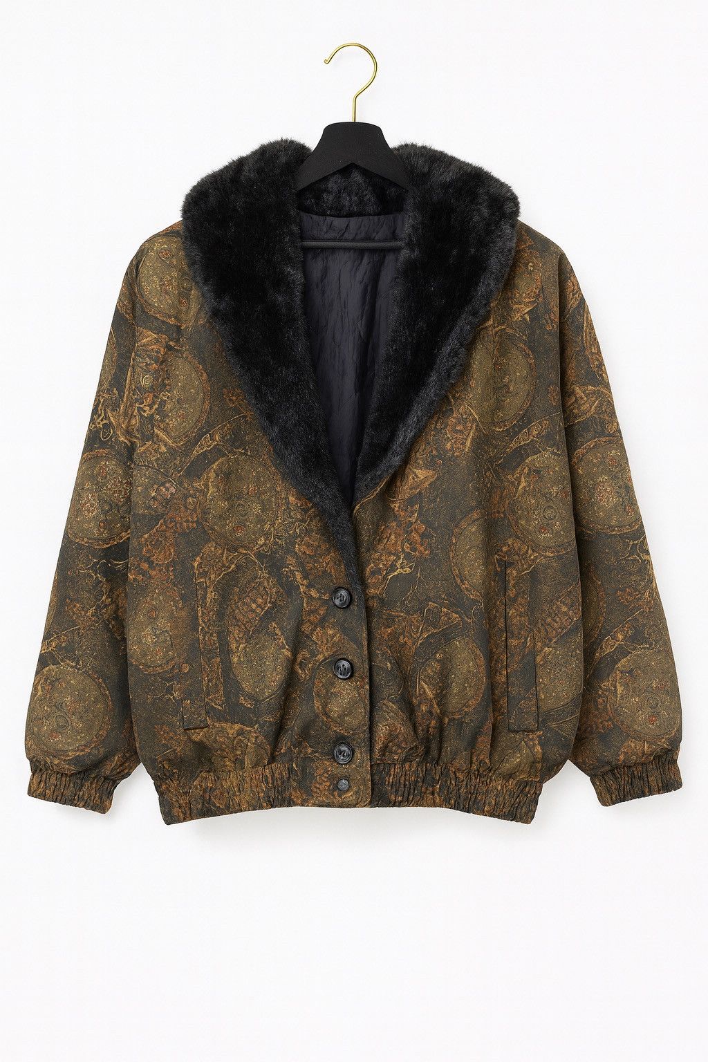 Vintage 1980s–1990s Baroque Pattern Bomber Jacket Faux Fur Collar Size L / US 10 / IT 46 - 1 Thumbnail