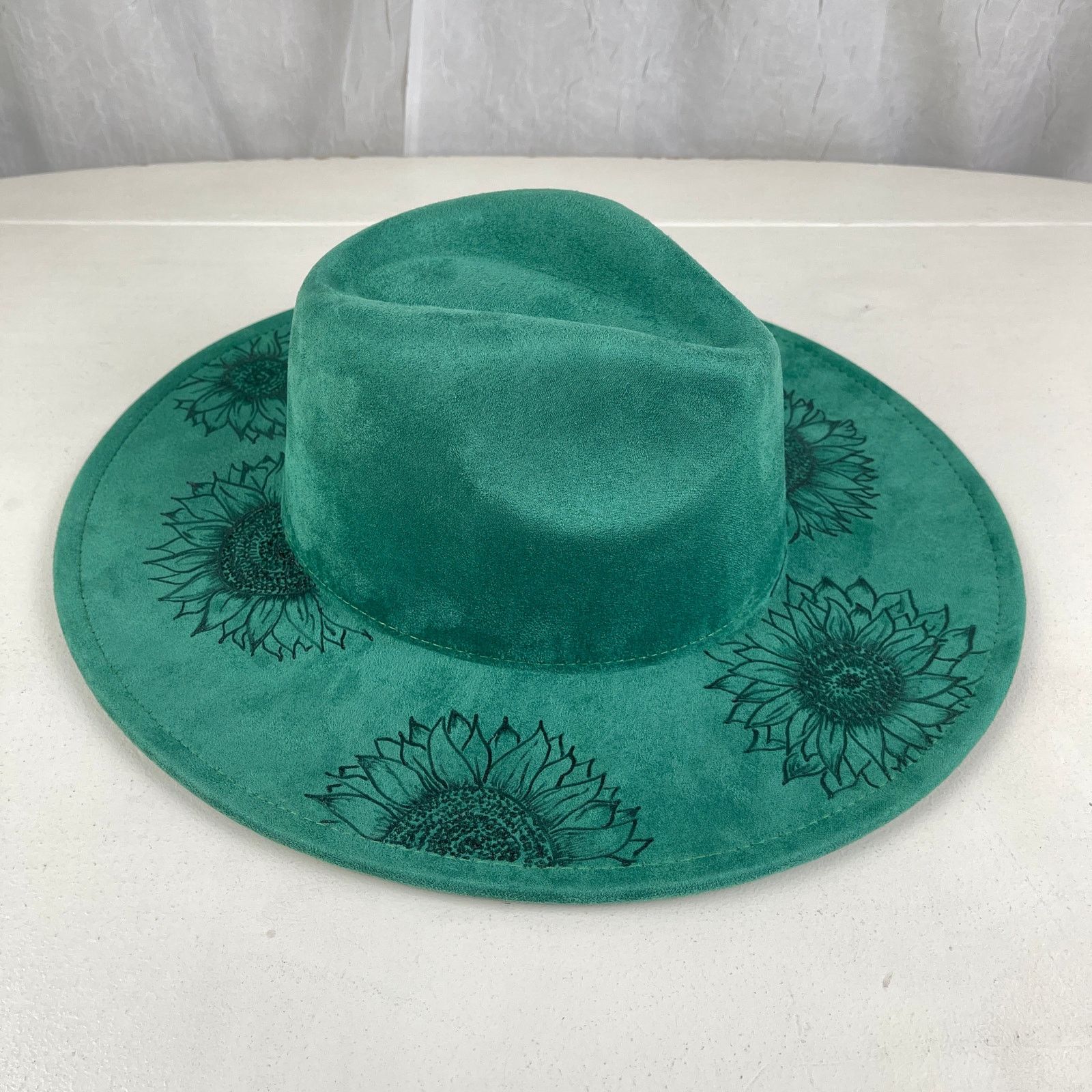 Handmade Green Faux Suede Wide Flat Brim Hat Sunflowers ADJUSTABLE SZ Size ONE SIZE - 15 Thumbnail