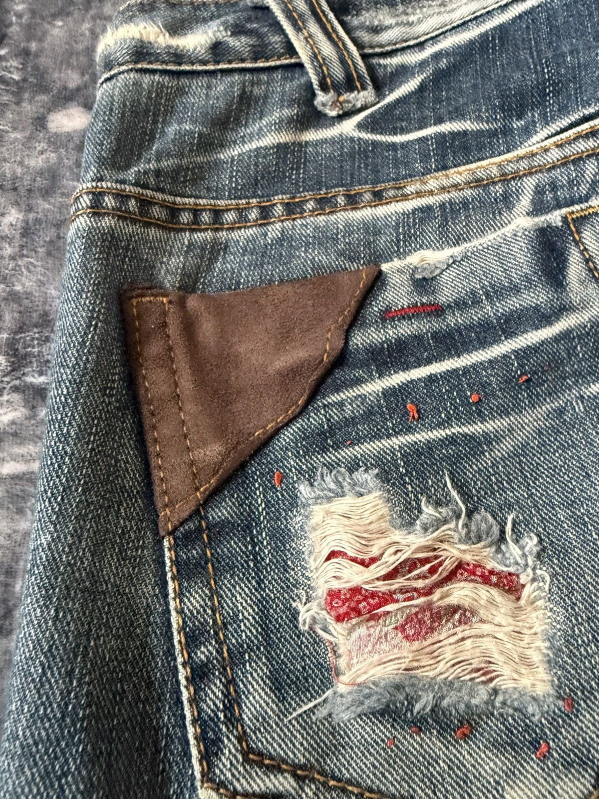 Hysteric Glamour Lucy Pearl Patch Work Leather Trimmed Shashiko Flared Jeans Size US 27 - 16 Thumbnail