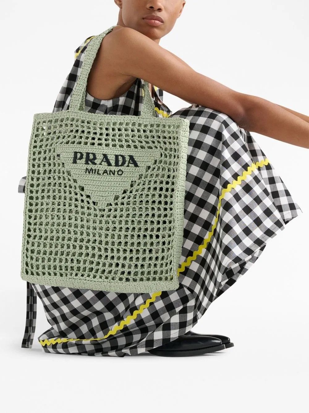 Prada triangle-logo raffia Crochet tote bag in aqua green Size ONE SIZE - 3 Thumbnail