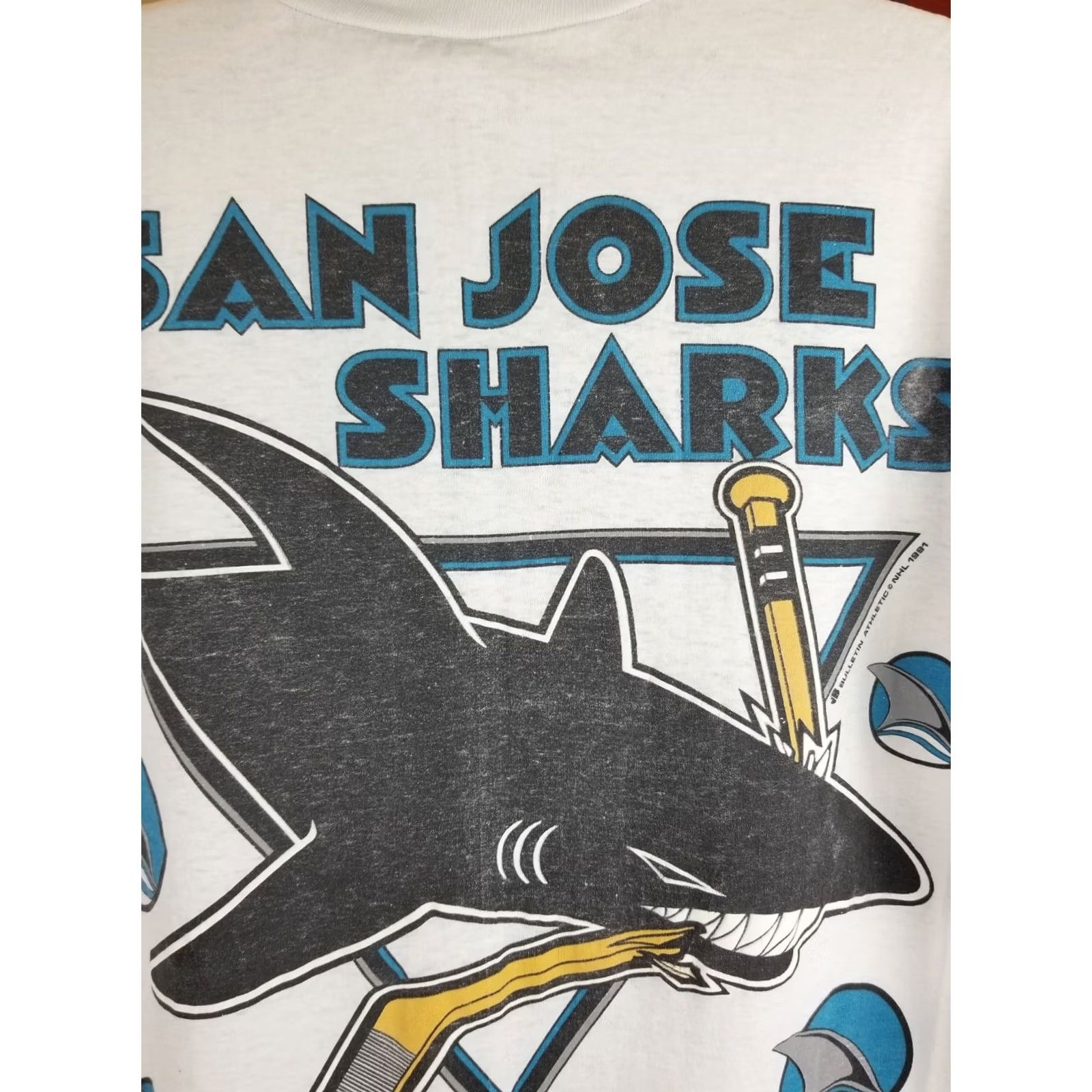 NHL VINTAGE 91' SAN JOSE SHARK NHL HOCKEY T-SHIRT 2 SIDE PRINT COTTON XLARGE White Mens Size US XL / EU 56 / 4 - 8 Thumbnail