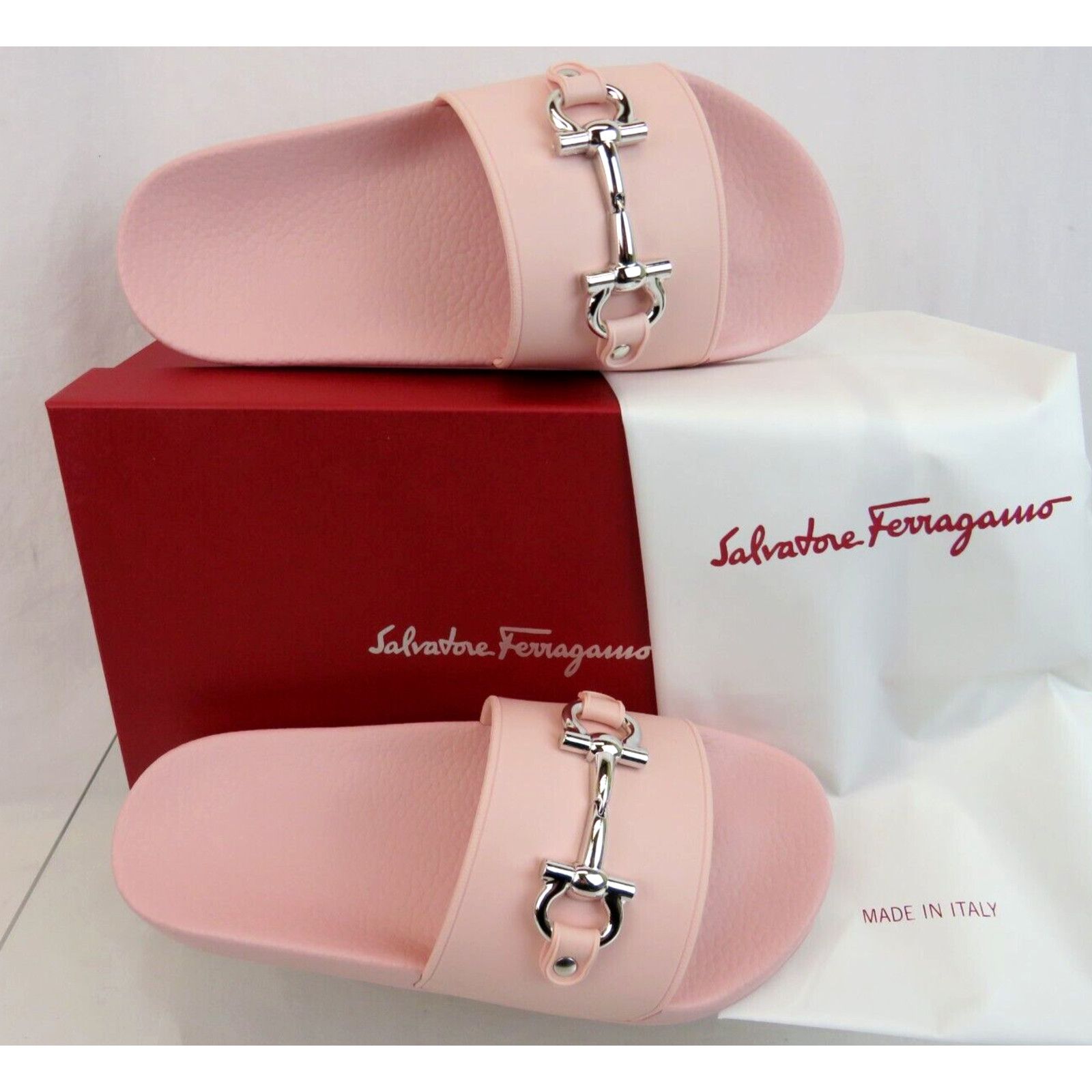 image of Salvatore Ferragamo Groovy 11 Pink Rubber Gancini Bit Logo Sandals Slides 10 M, Women's