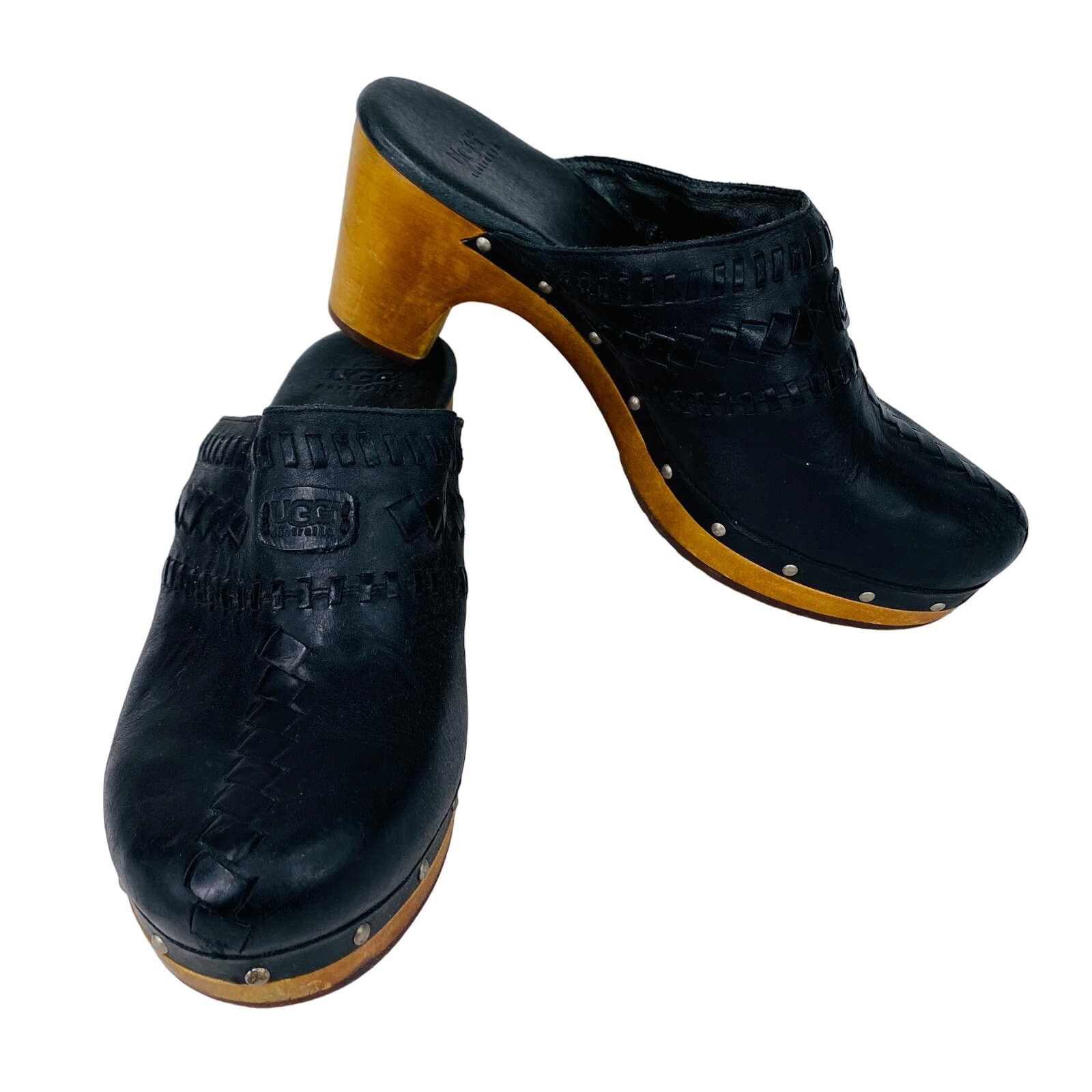 Ugg Australia Vivica Woven Black Leather Clogs 8 Studs Shoes, Women's