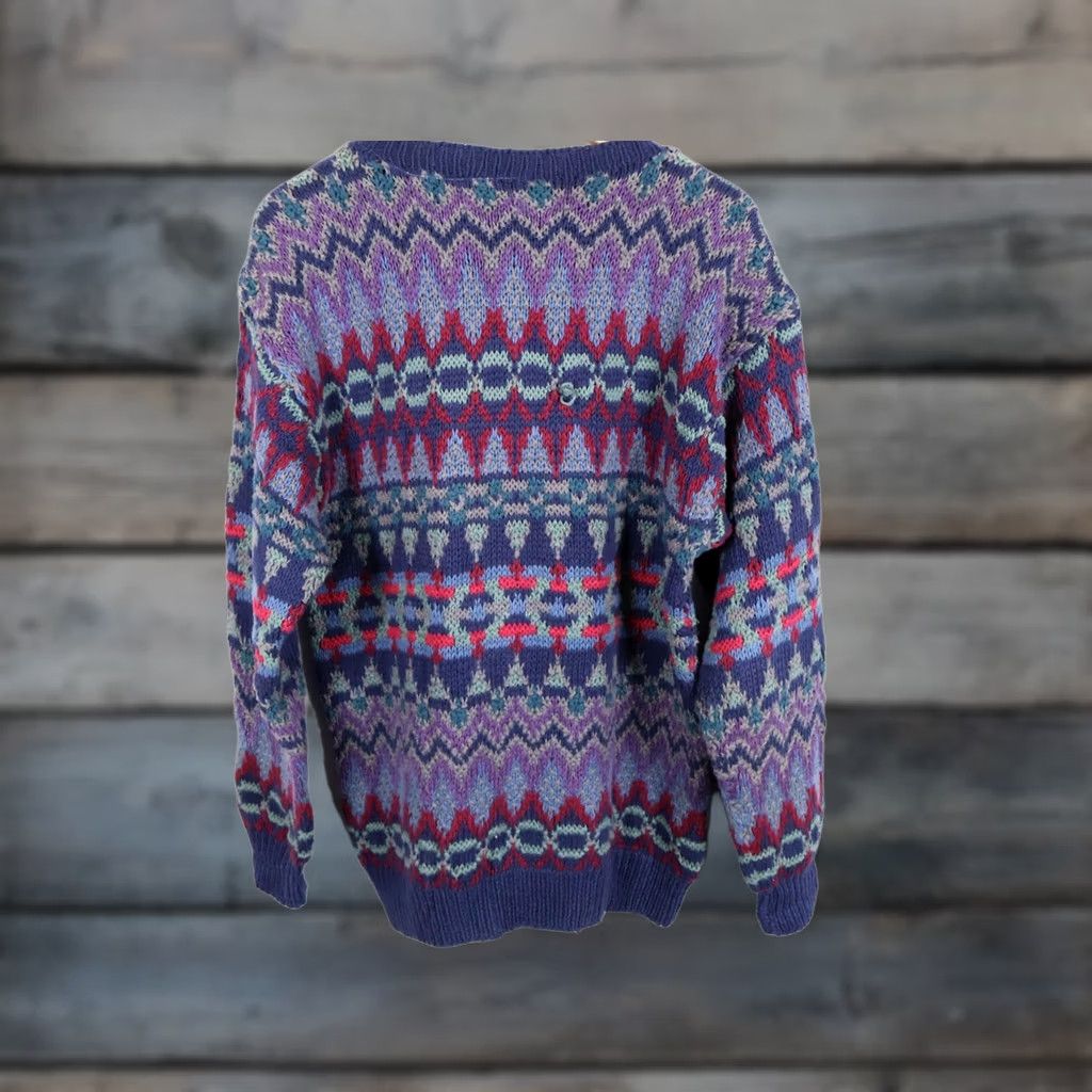 Vintage VINTAGE Hand Knit Sweater Women's Large Purple Dark Blue Fair Isle Heavyweight Ramie Size L / US 10 / IT 46 - 1 Thumbnail