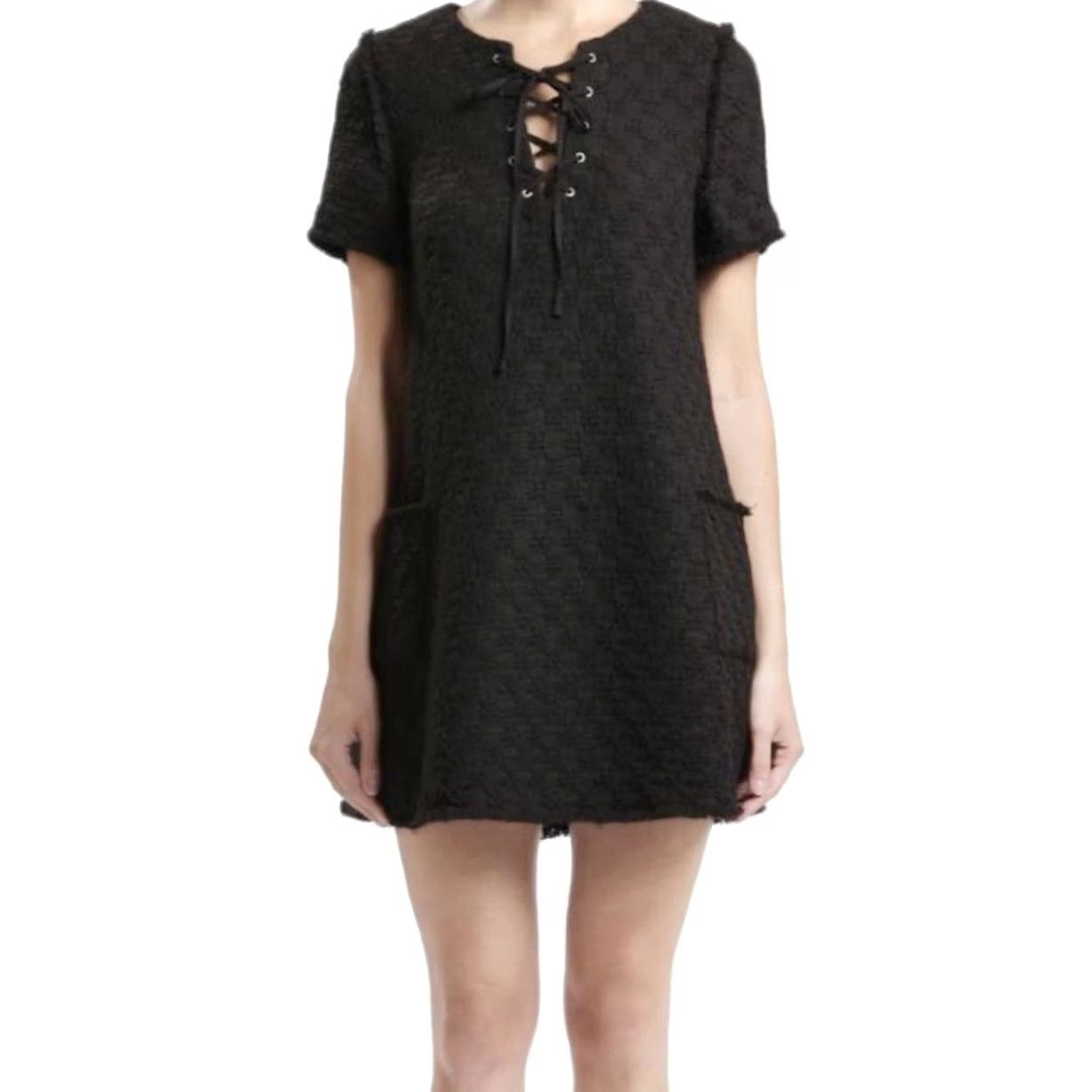 MISA Los Angeles JOA Black Tie Up Sheath Dress L with Pockets - LBD, Short Sleeve, Lace, Fringe, Layered, Lined, Polyester, A-Line, Party/Cocktail, Size L, Womens Size L / US 10 / IT 46 - 2 Thumbnail
