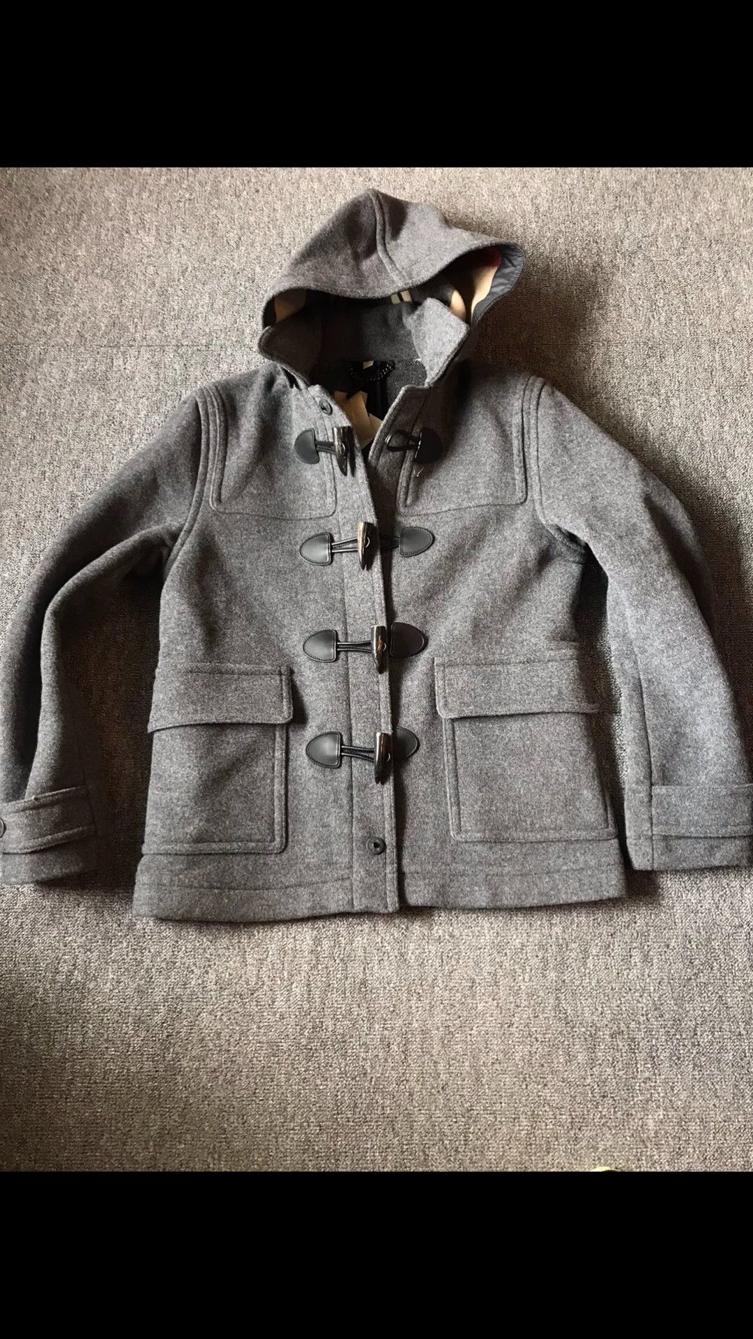 Burberry Burberry Gray Wool Blend Check Lined Hood Horn Button 52 Size US L / EU 52-54 / 3 - 3 Thumbnail