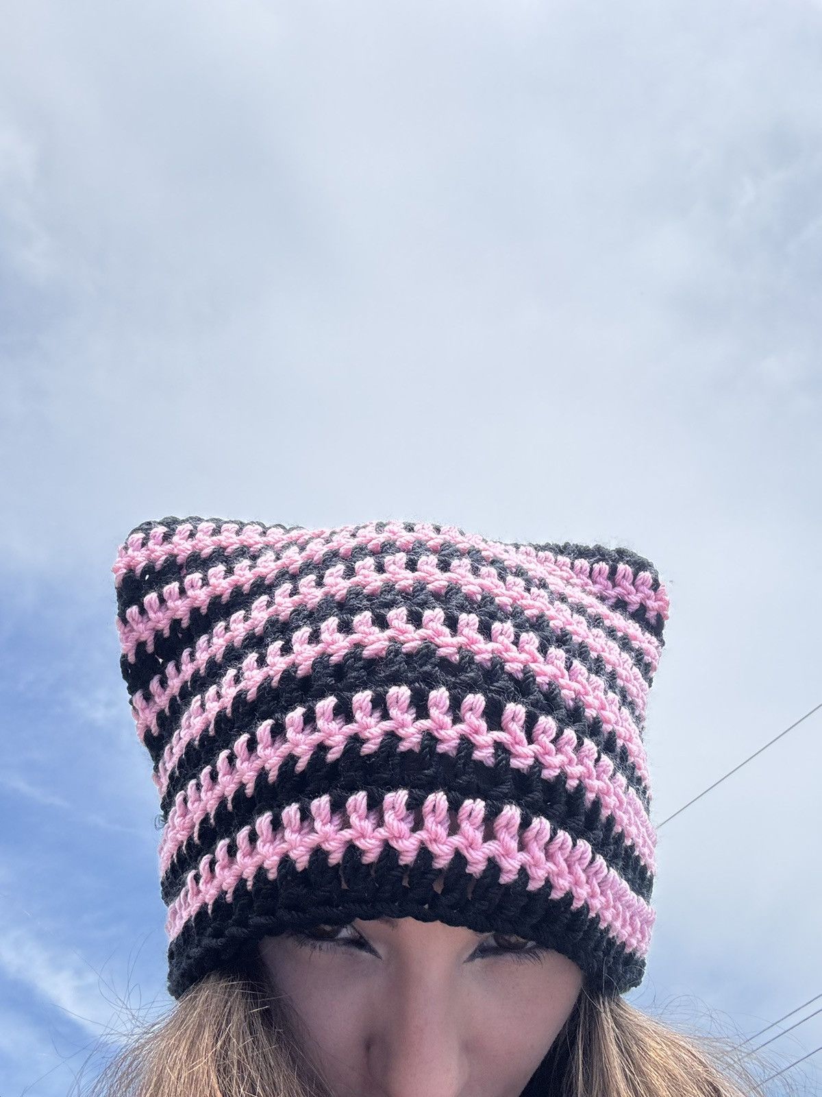 Handmade Crochet Cat Beanie - Black & Pink Size ONE SIZE - 3 Thumbnail