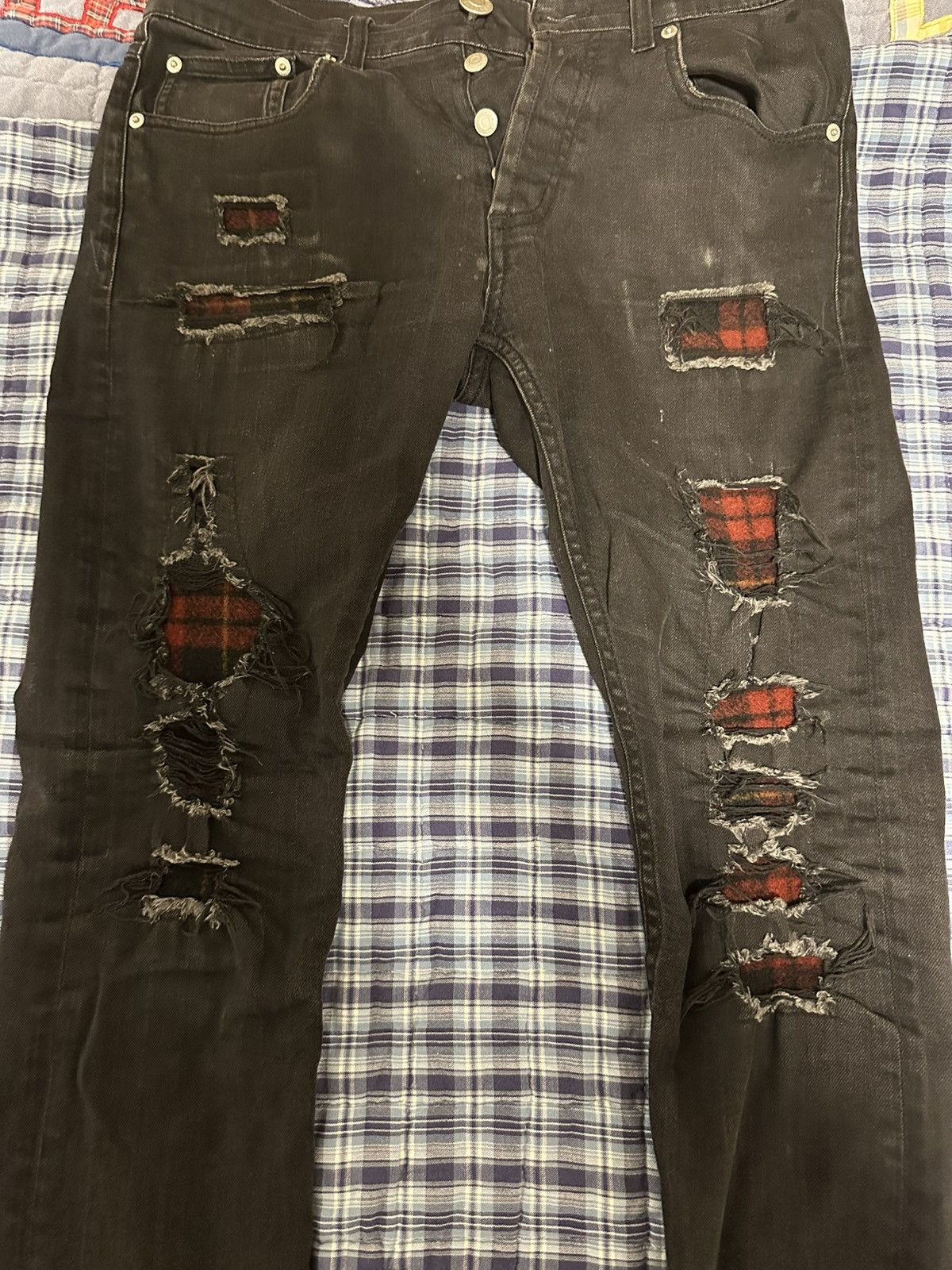 Alexander McQueen Black Distressed Jeans Plaid Patchwork Size US 30 / EU 46 - 2 Thumbnail