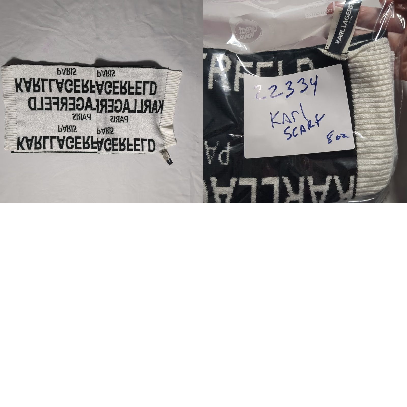 Karl Lagerfeld Karl Lagerfeld Paris Scarf Black White Logo Knit Acrylic Reversible 70x10 EUC Size ONE SIZE - 8 Thumbnail