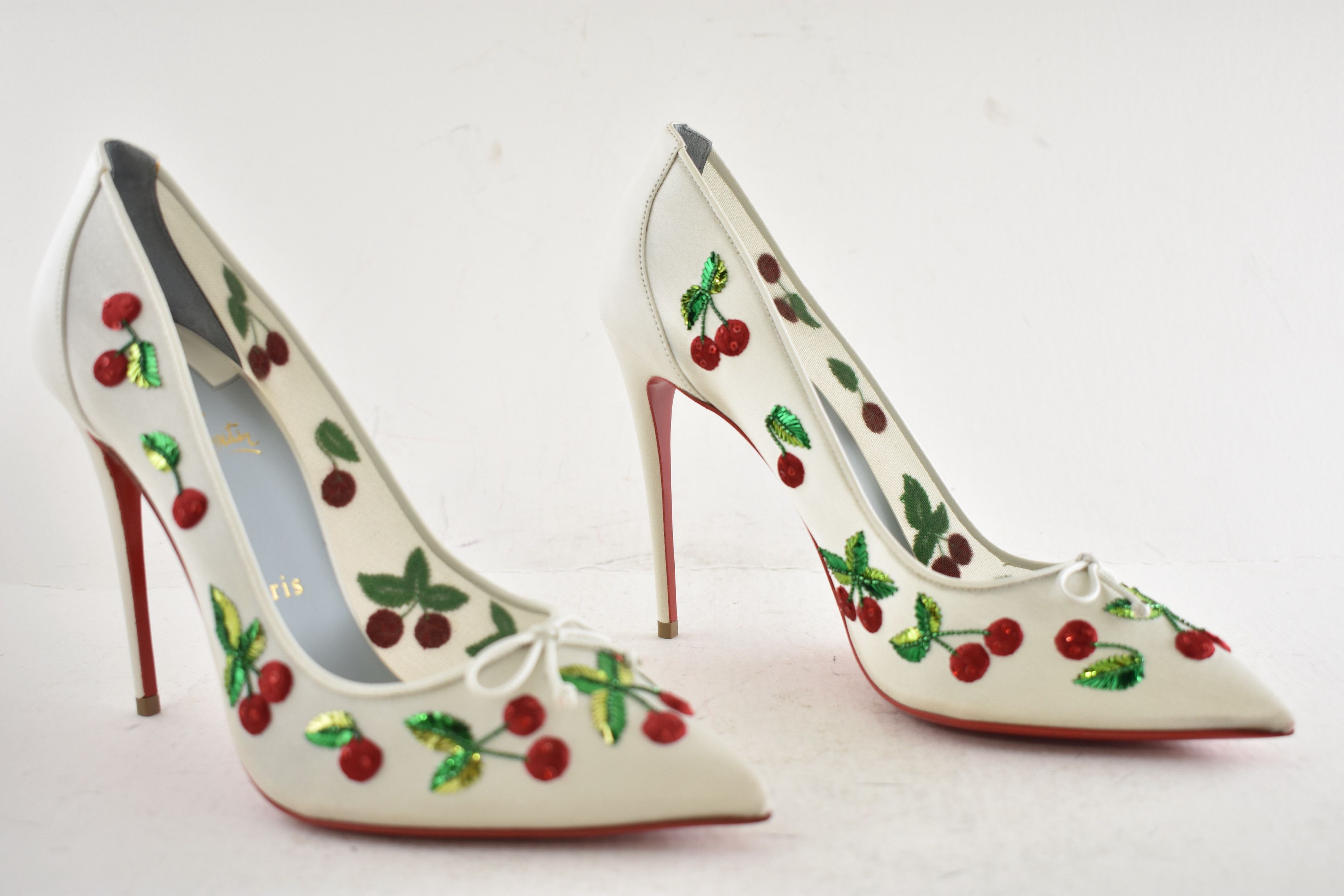 Christian Louboutin Cherrypump 100 Latte White Organza Red Cherry Pump Heel 39.5 Size US 9.5 / IT 39.5 - 4 Thumbnail