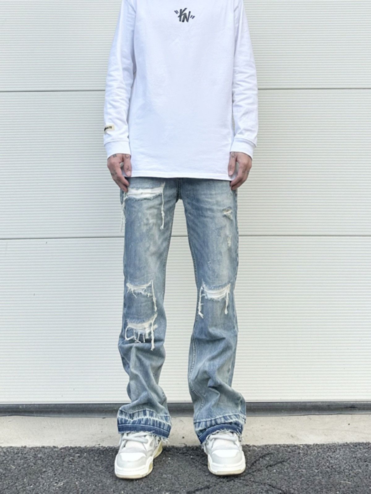 image of Distressed Wide Leg Blue Denim Jeans, Men's (Size 32)